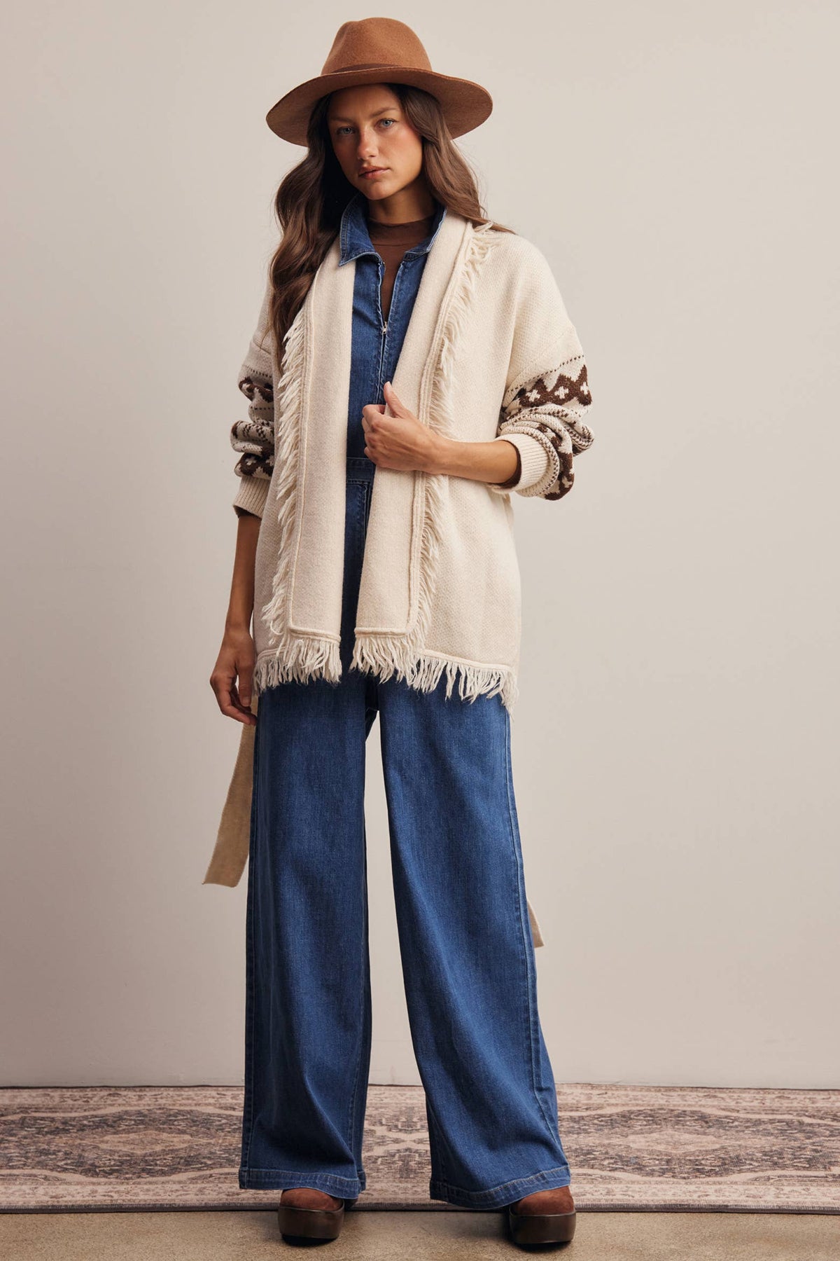 Fringe Trim Belted Western Cardigan