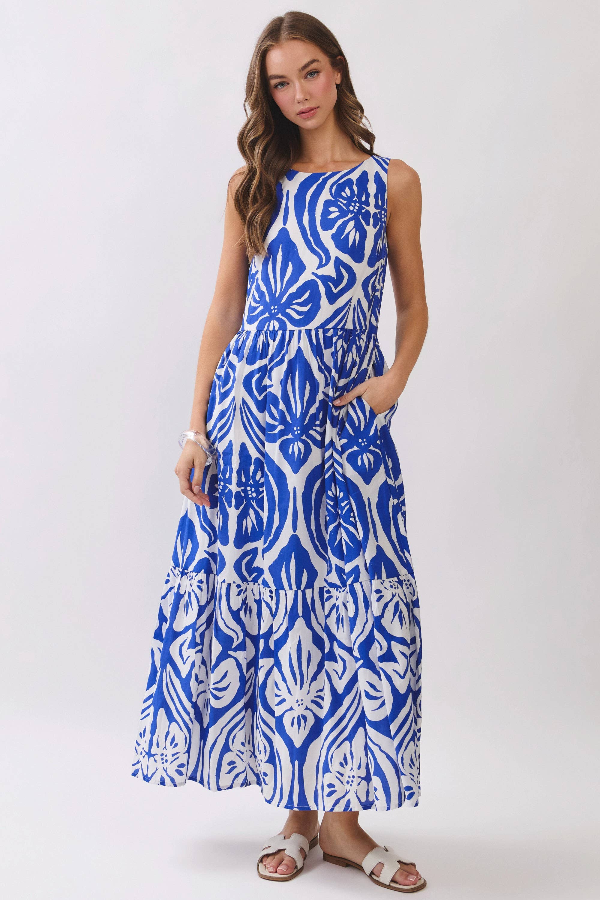 Abstract Floral Print Tiered Maxi Dress