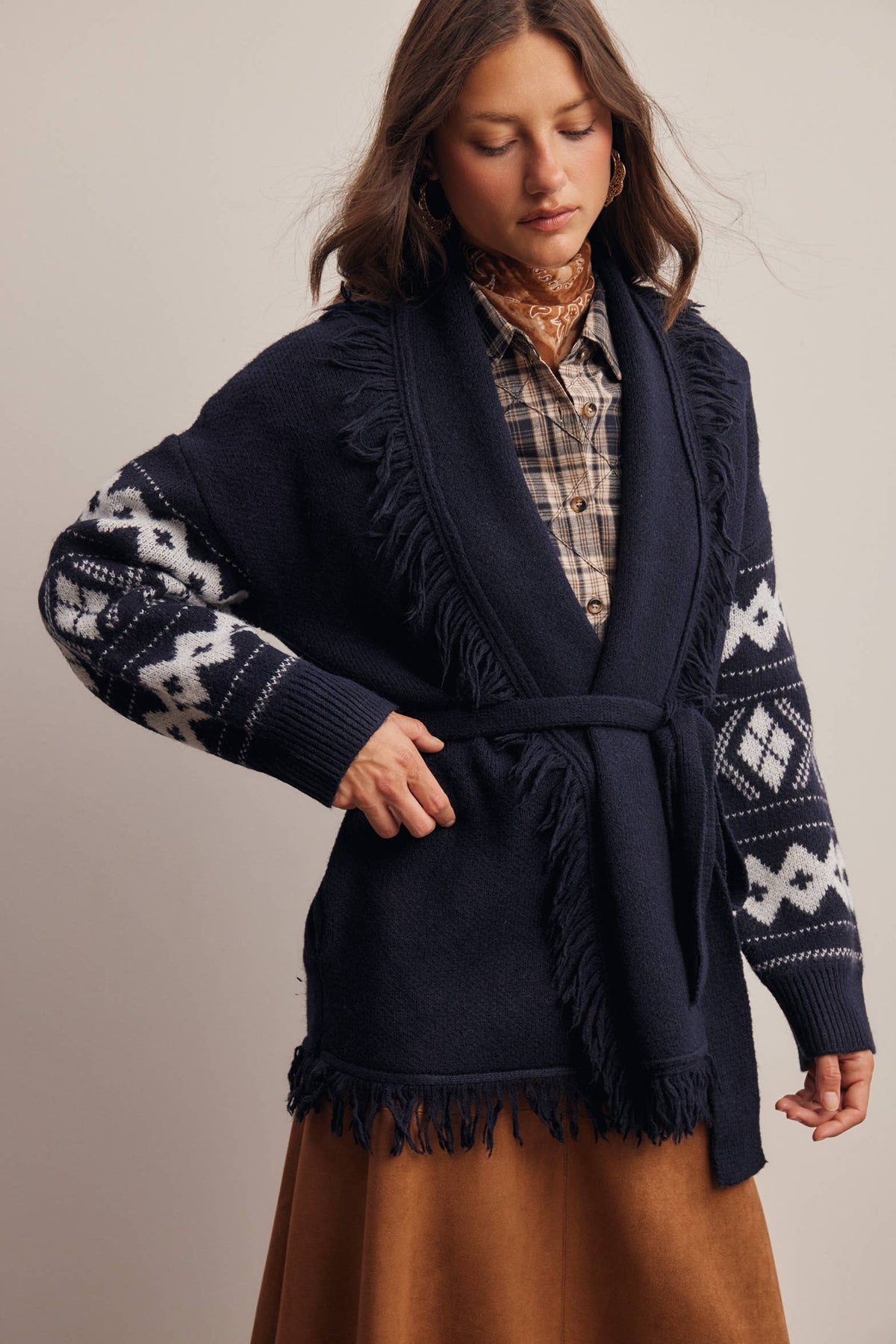 Fringe Trim Belted Western Cardigan
