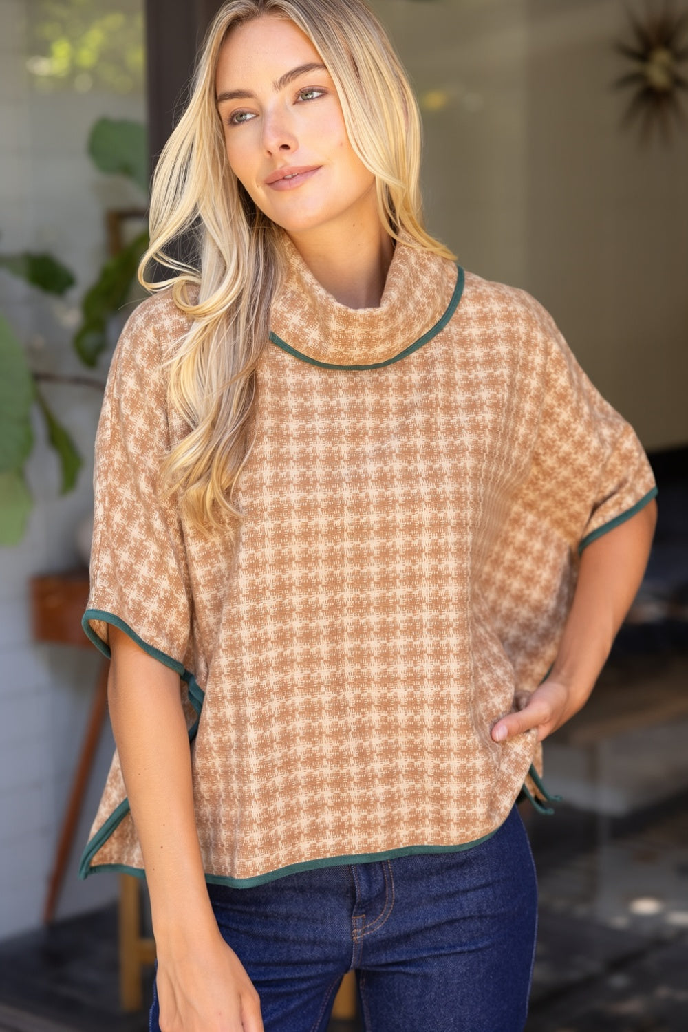 Cowl Neck Houndstooth Poncho