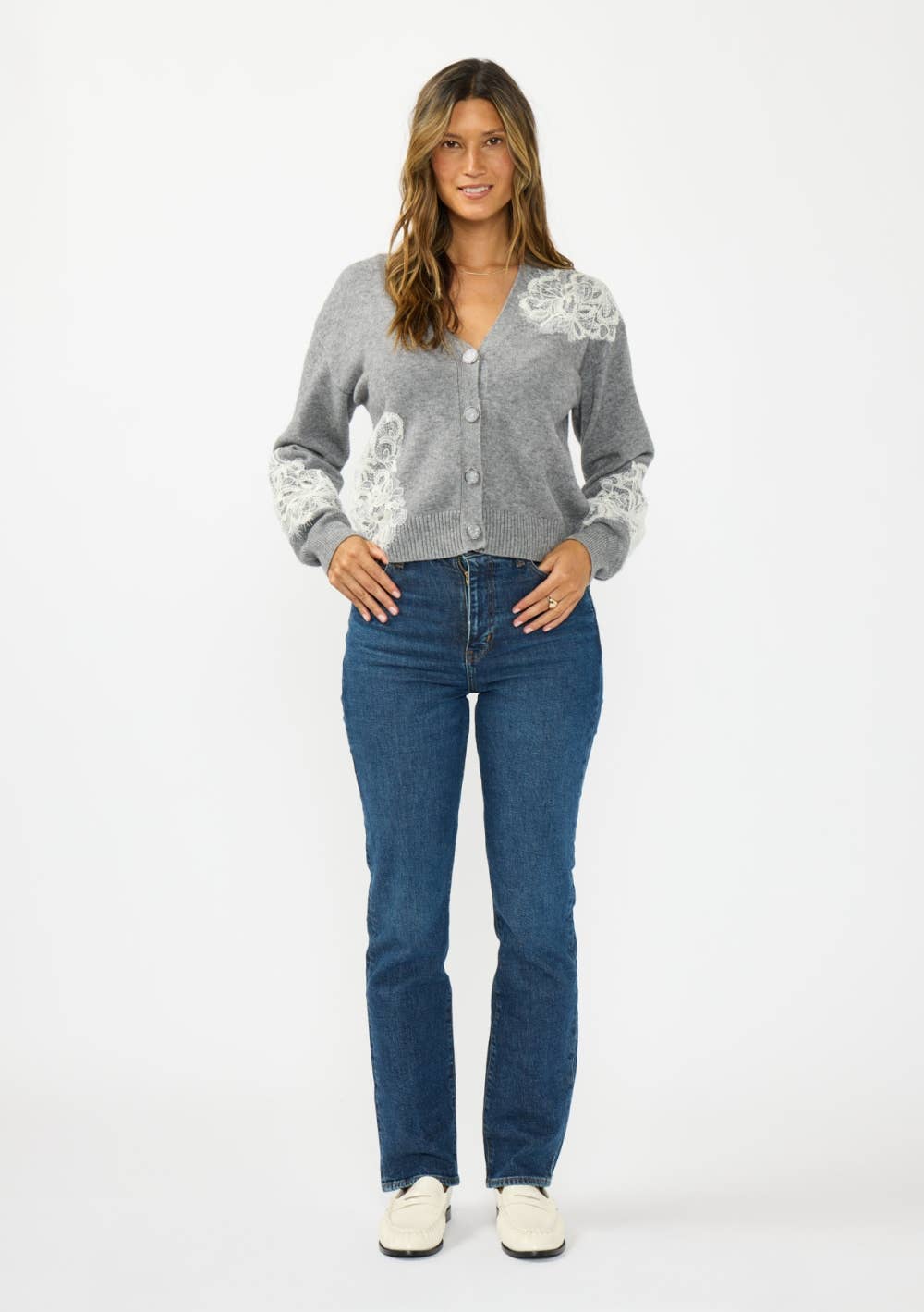 V-Neck Lace Accent Cardigan
