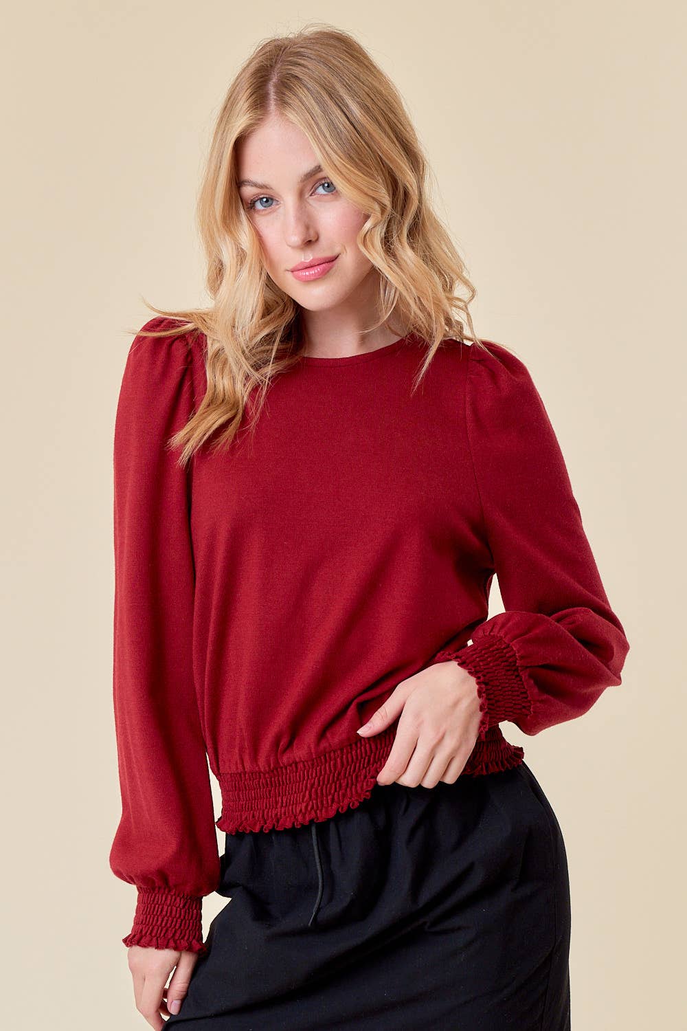 SMOCKED BOTTOM PUFF SLEEVE TOP
