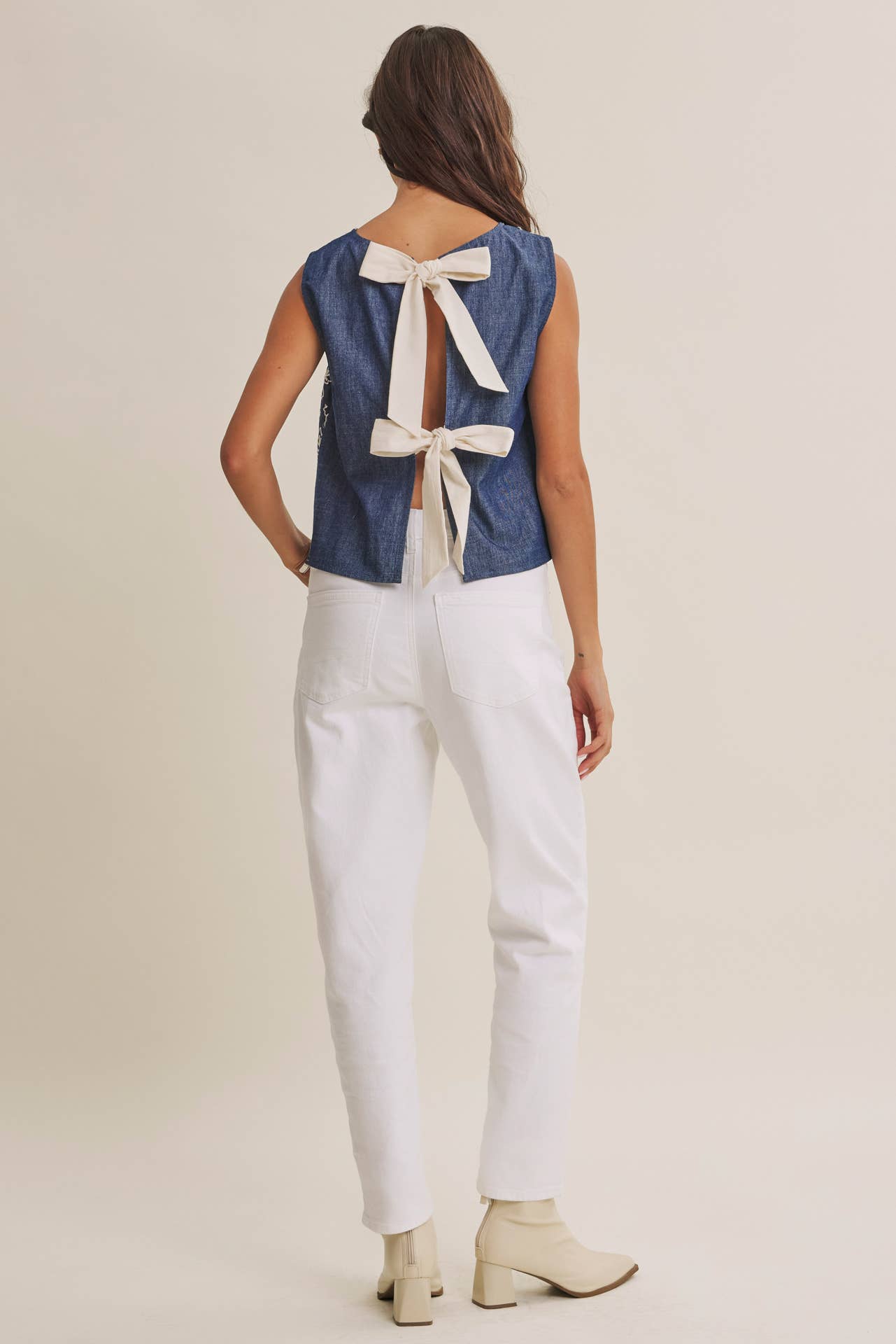 CHAMBRAY EMBROIDERED BLOUSE WITH BACK BOW