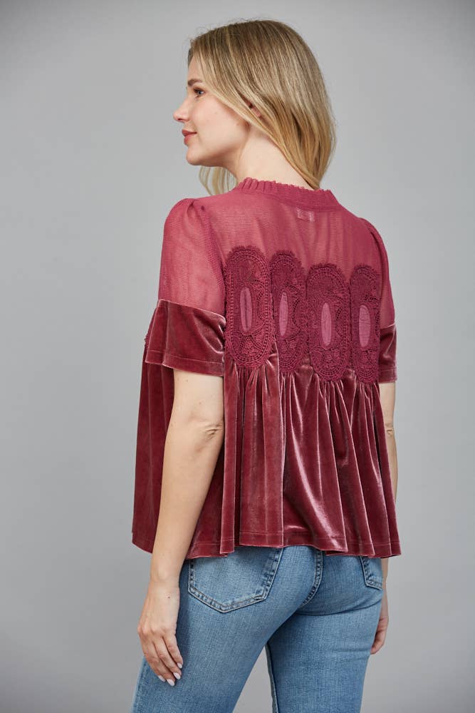 LACE DETAIL VELVET BABYDOLL TOP