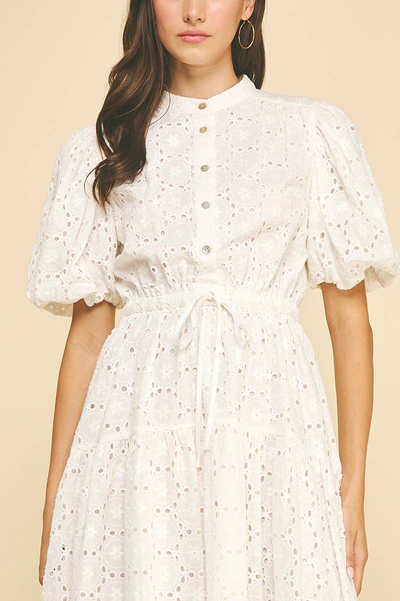 EYELET EMBROIDERED MIDI DRESS