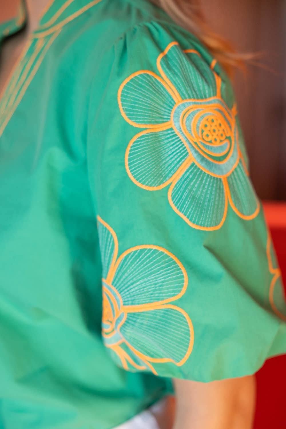 V-Neck Floral Embroidered Bubble Sleeve