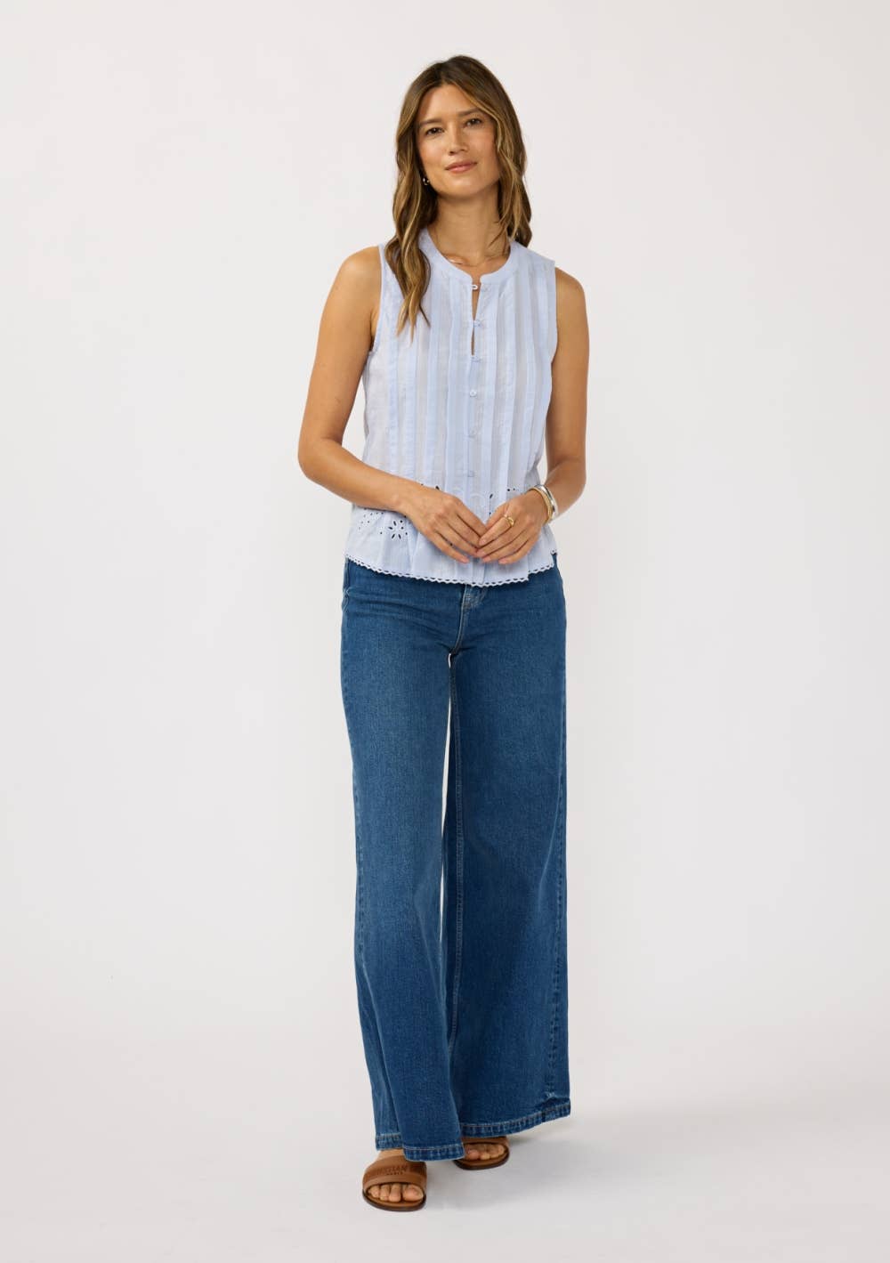 Button Front Pintuck Tank With Embroidery