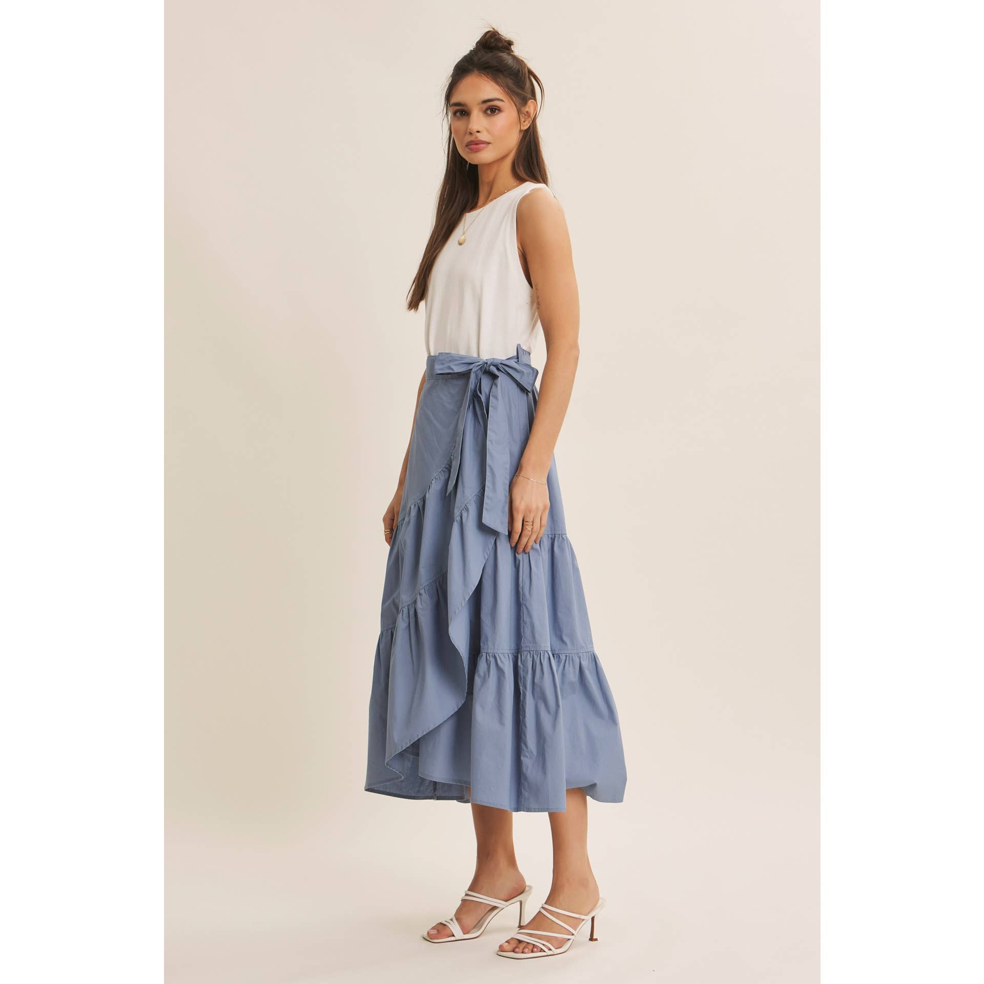 TIERED WRAP MIDI DRESS