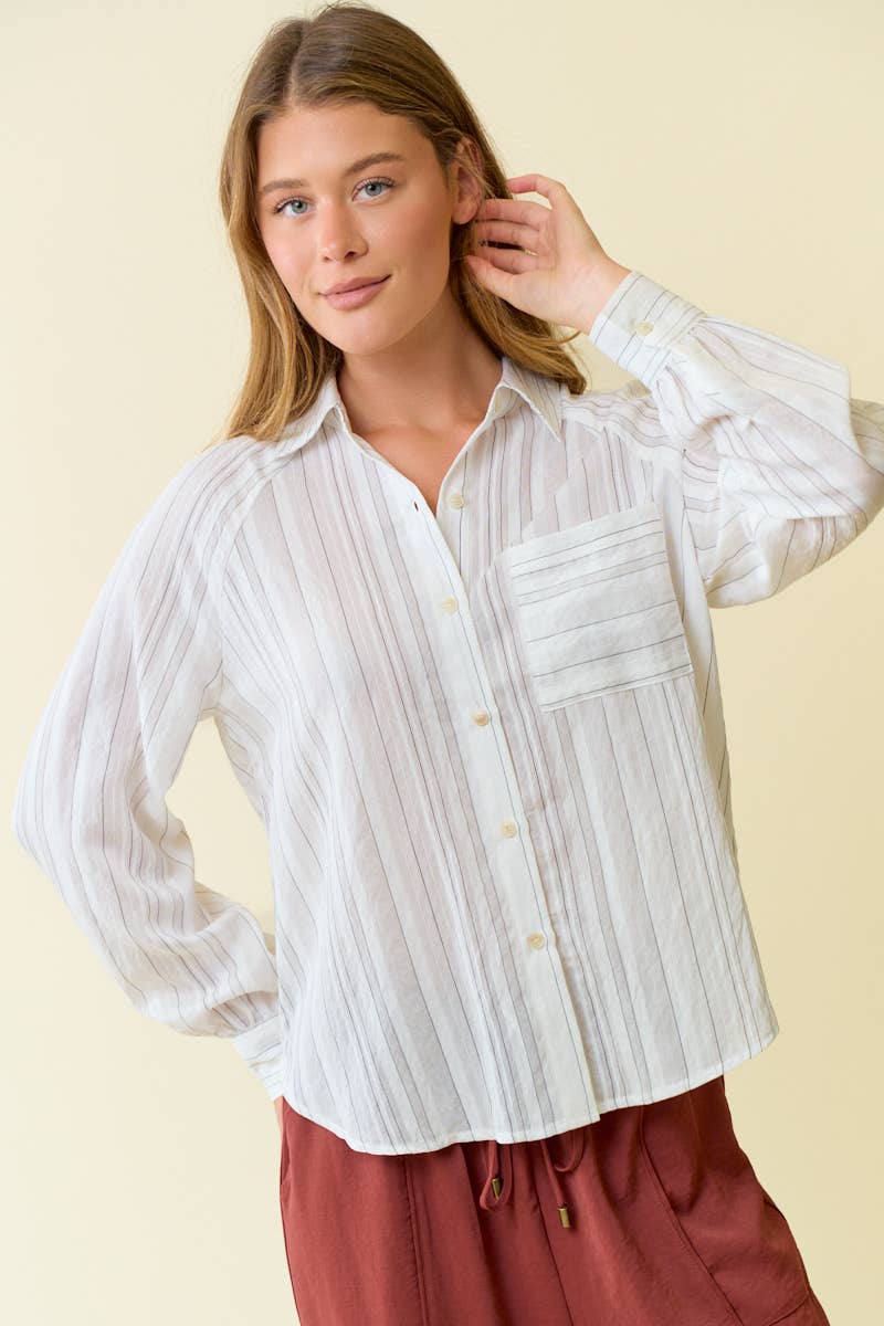 STRIPED RAGLAN SLEEVE BUTTON DOWN SHIRT