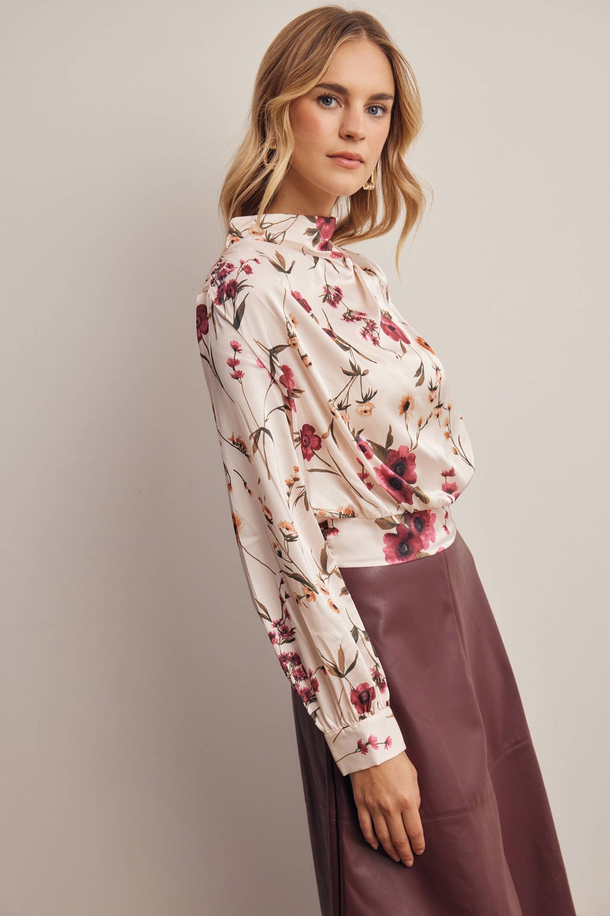 Floral Mock Neck Tie Back Blouse