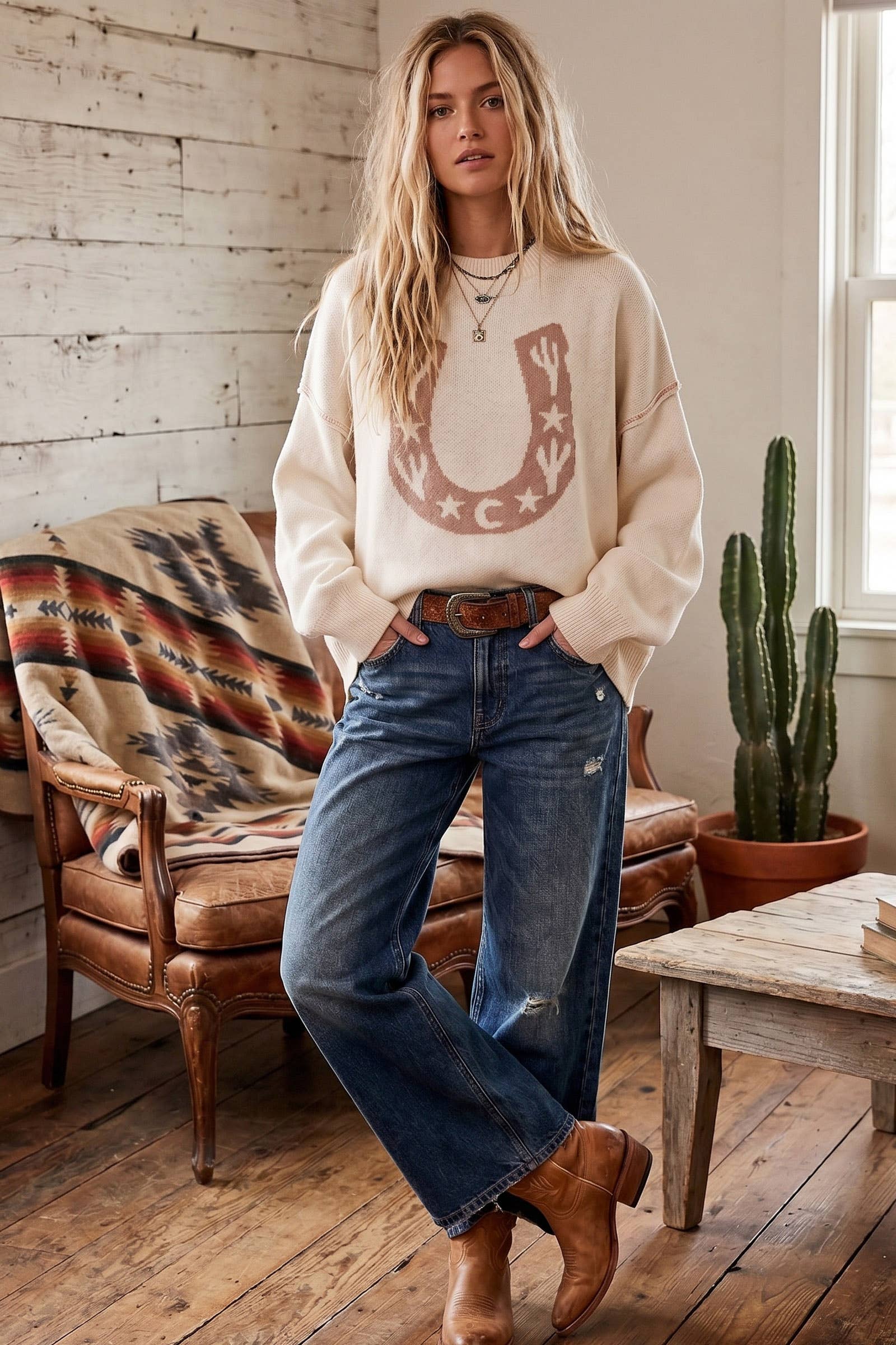 Western Horseshoe Cactus Knit Sweater