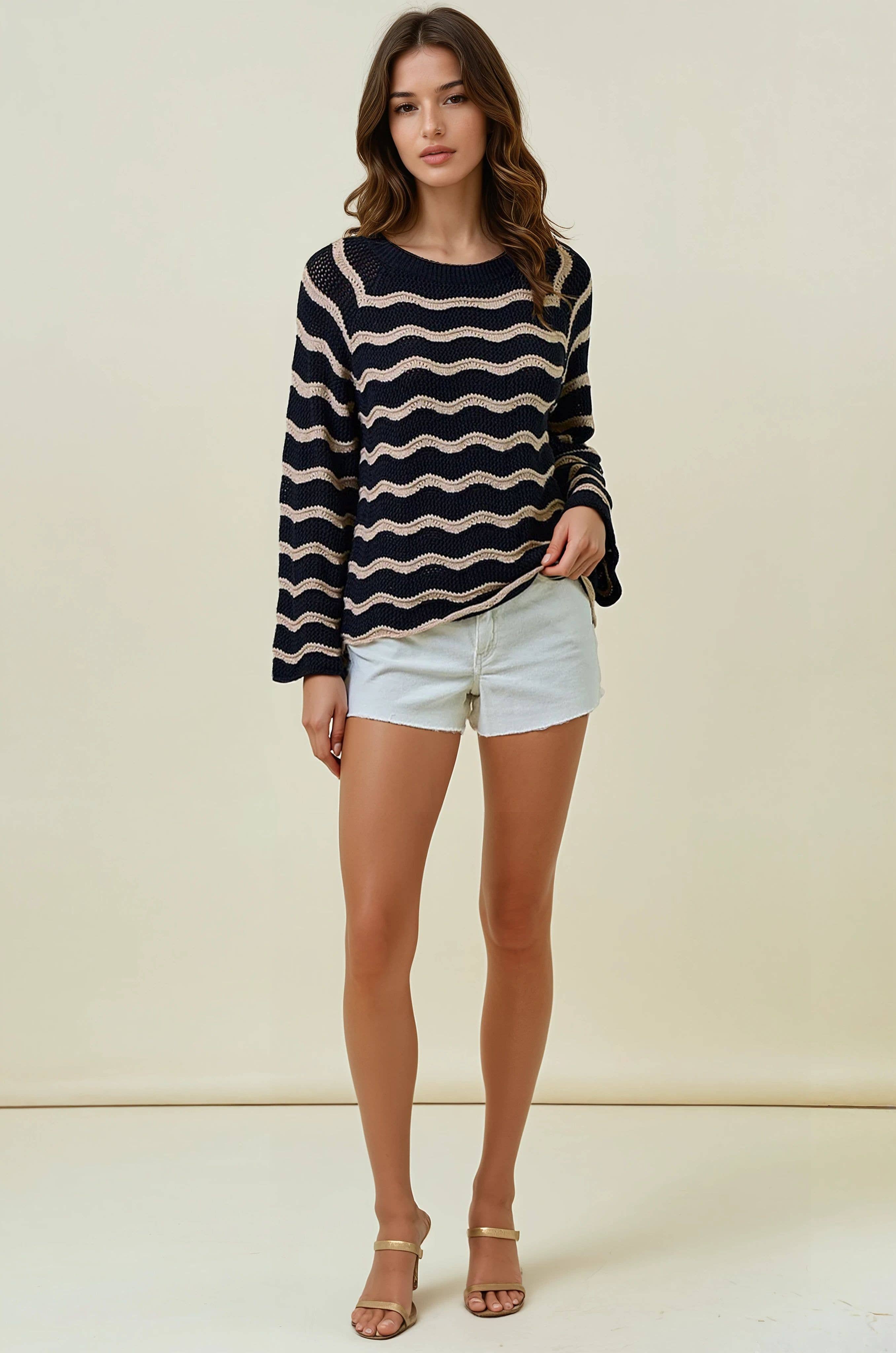 STRIPED POINTELLE BELL SLEEVE SWEATER TOP