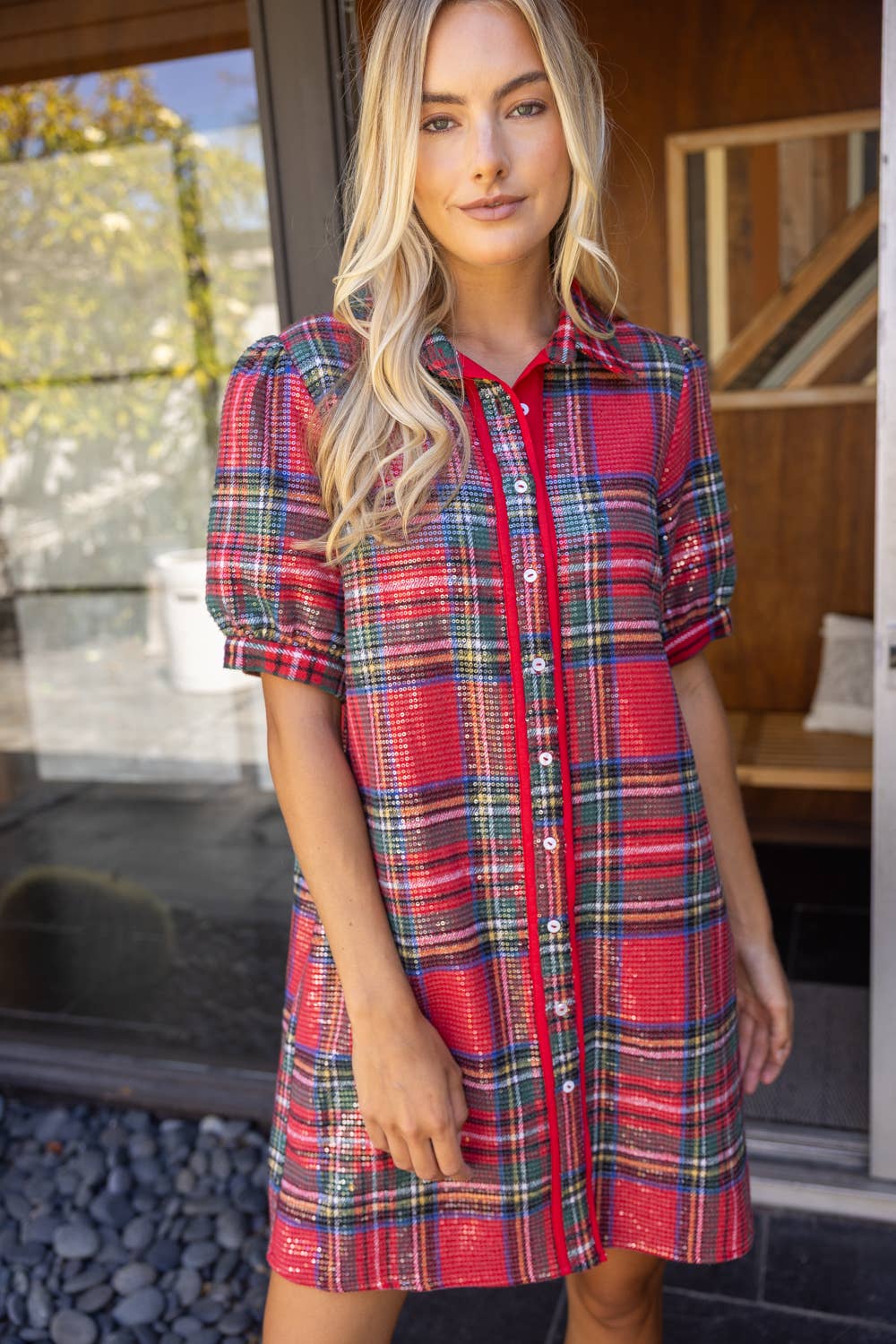 Button Down Plaid Sequins Dress
