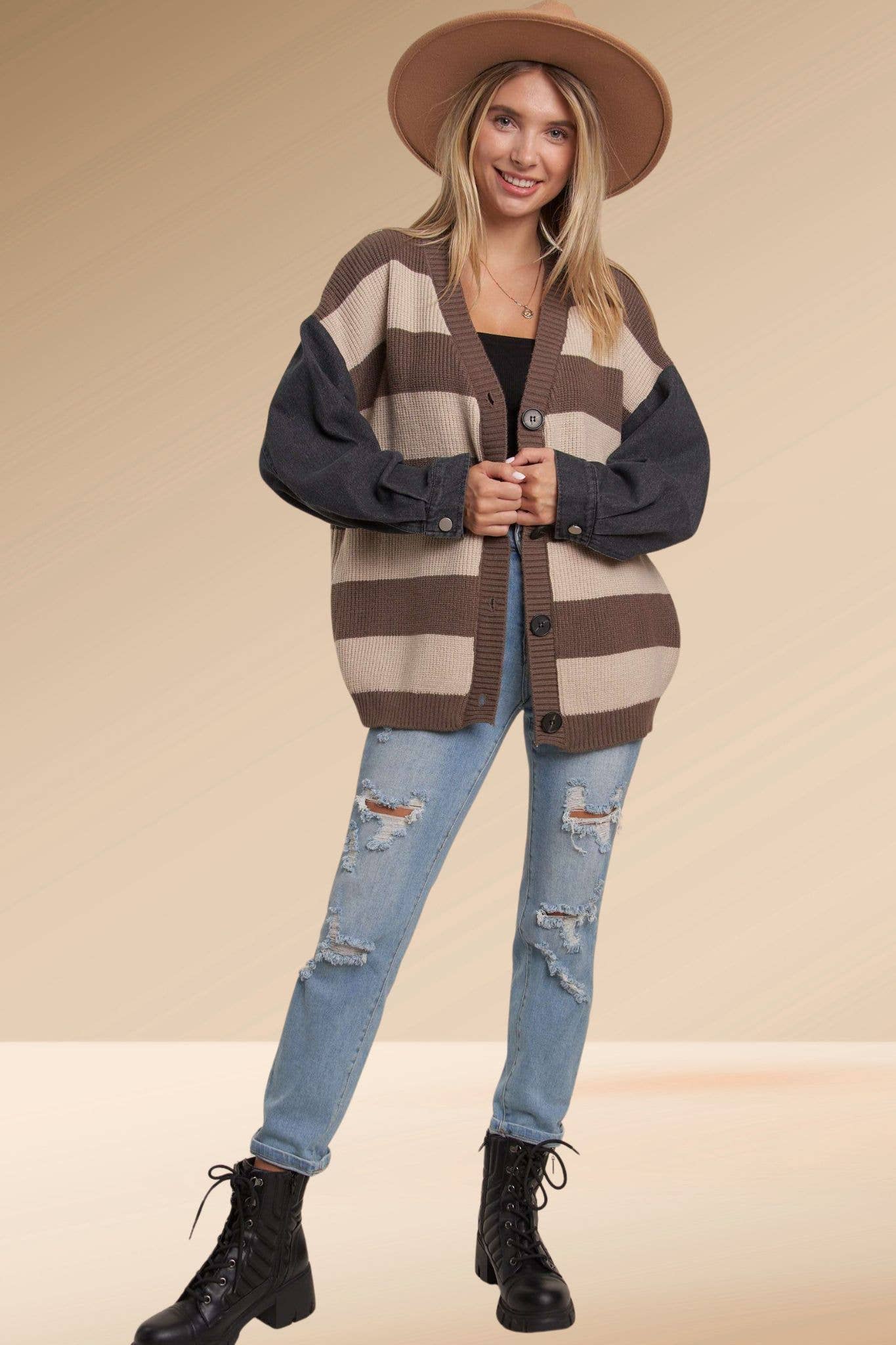 DENIM SLEEVE STRIPE CARDIGAN