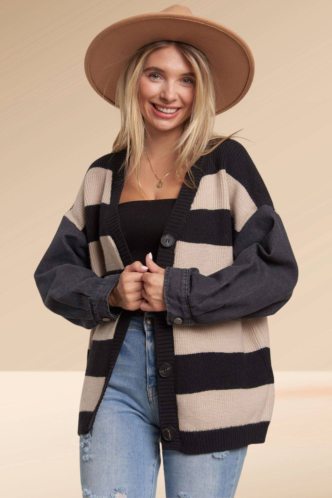DENIM SLEEVE STRIPE CARDIGAN