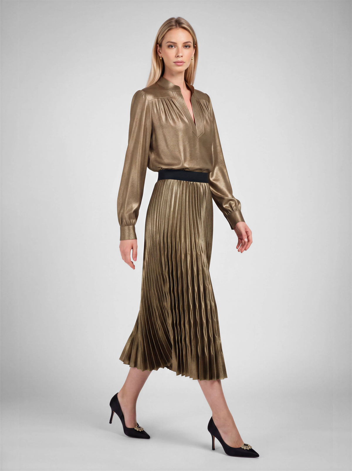 Metallic Pleated Midi Skirt