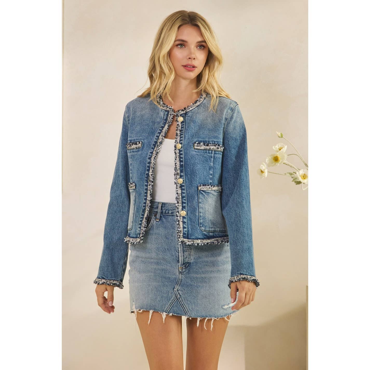 Tweed Trimmed Denim Jacket