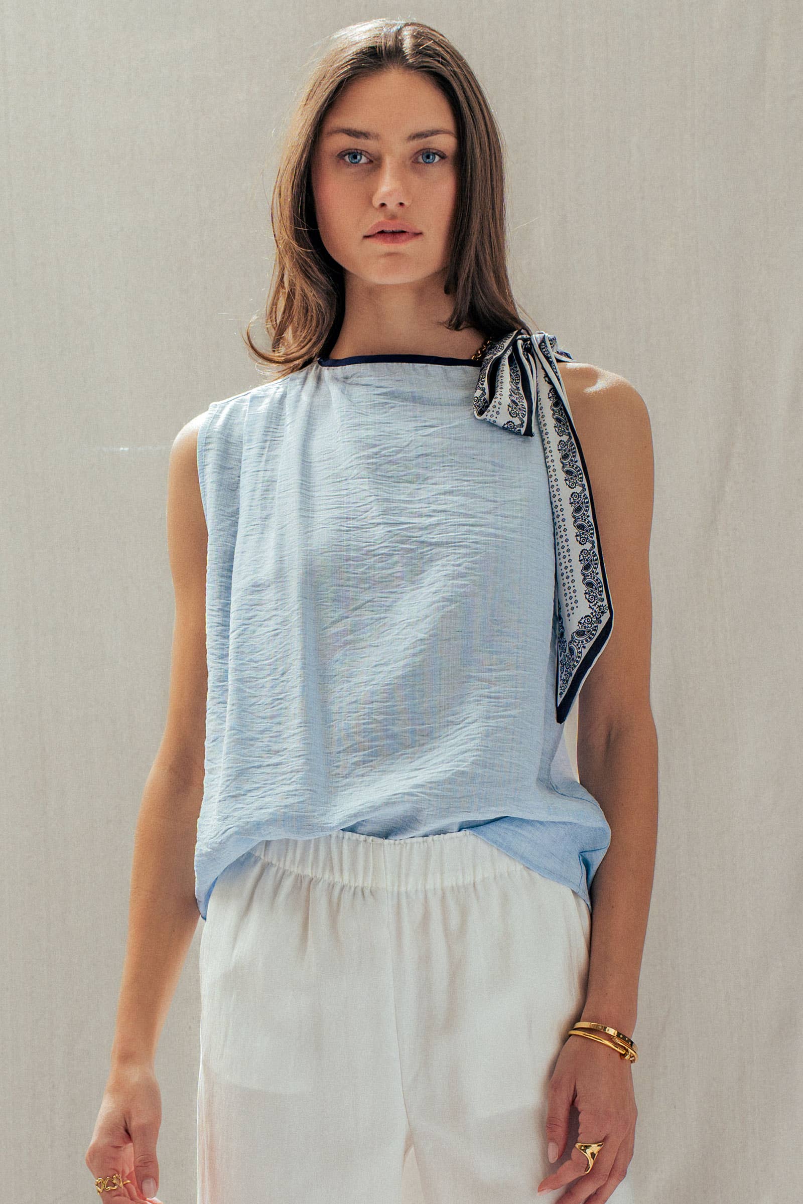 Paisley Scarf Tie Shoulder Linen Blend Top