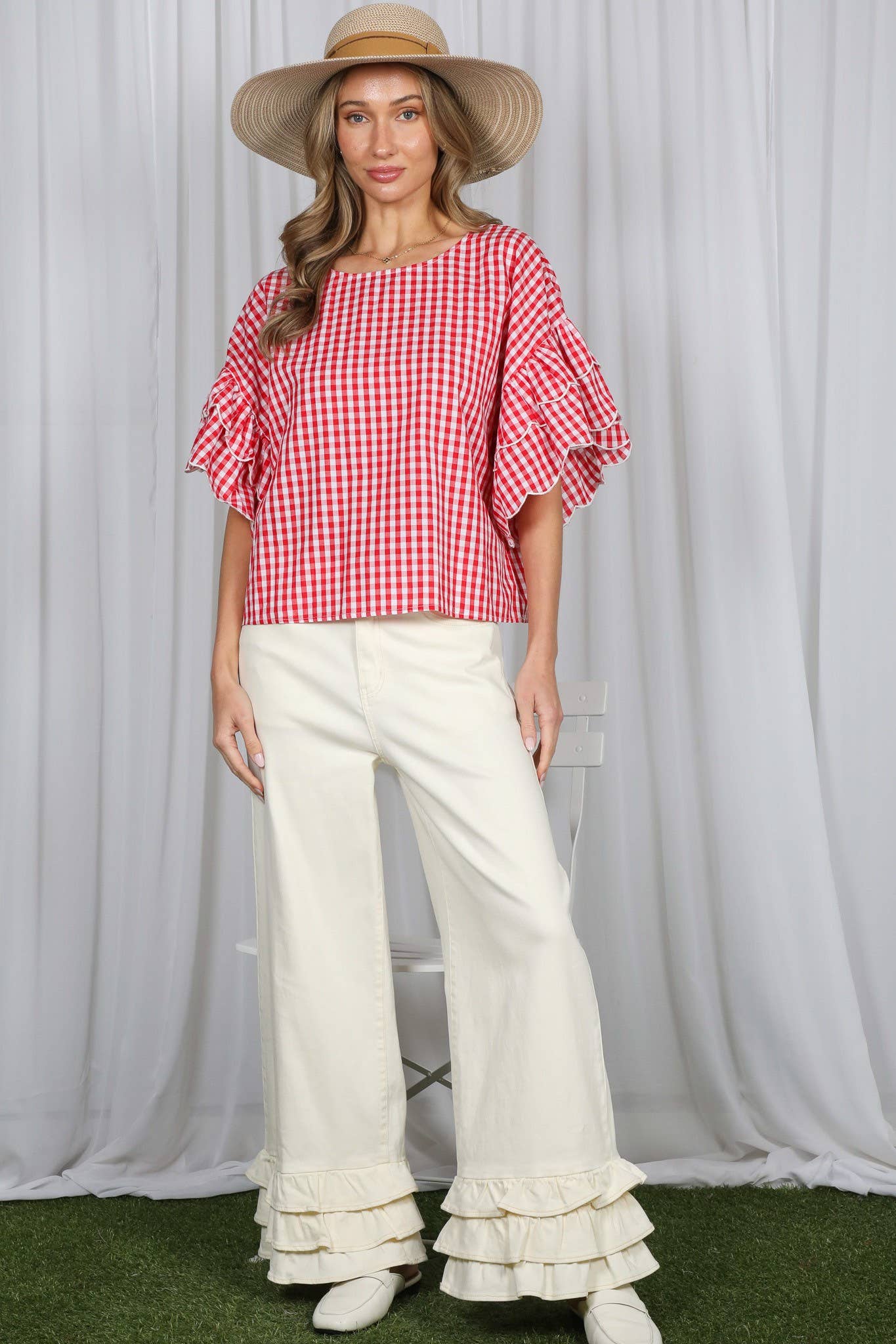 Gingham Ruffle Cotton Top