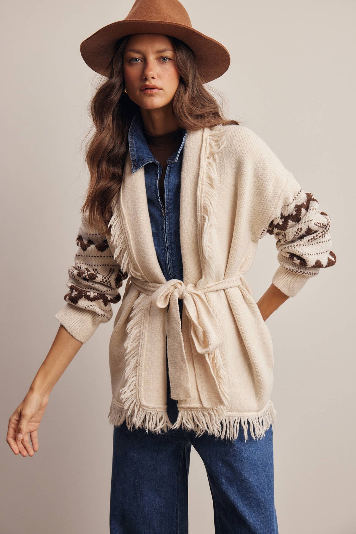Fringe Trim Belted Western Cardigan
