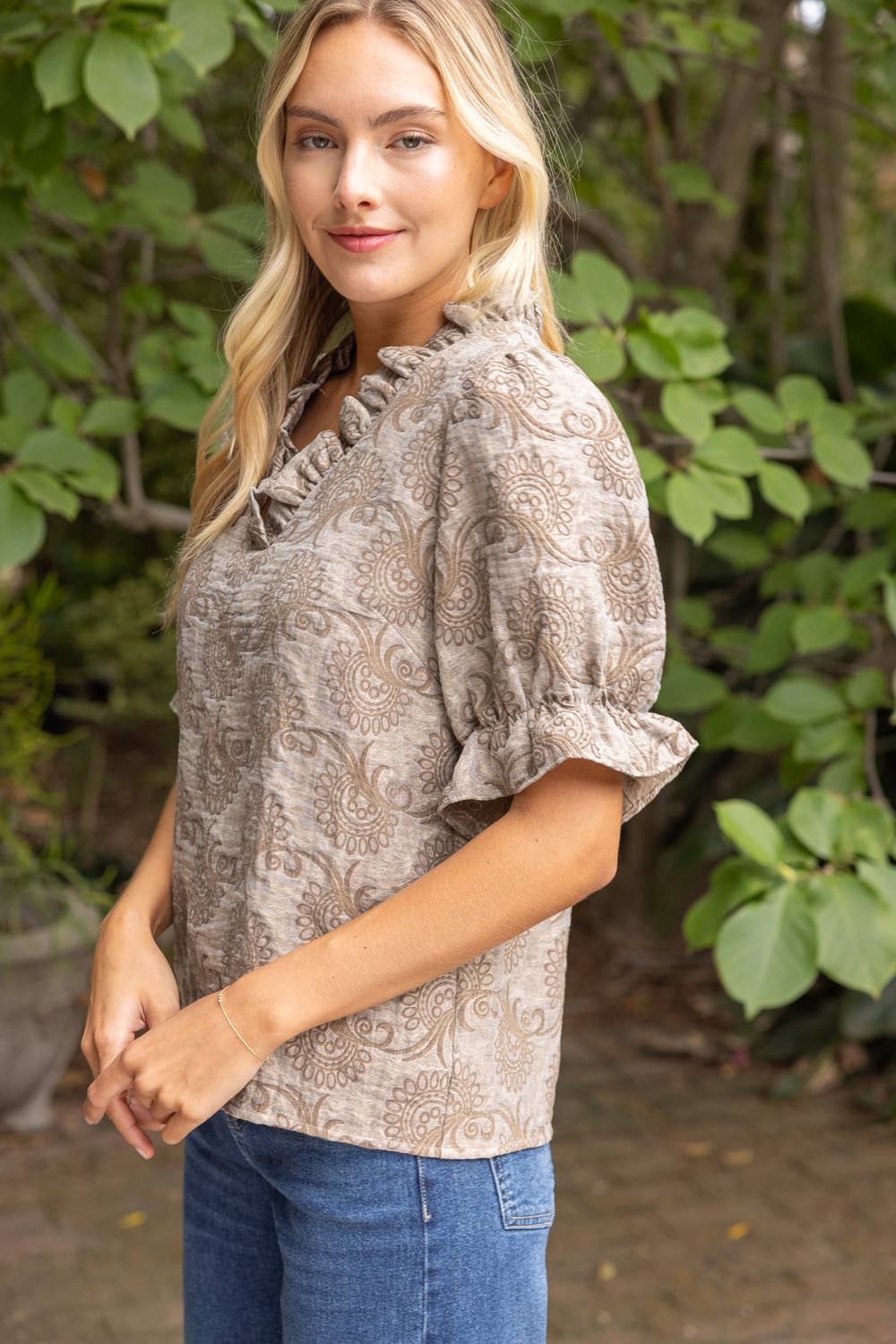 37114 Ruffled V-Neck Abstract Jacquard Organza Top