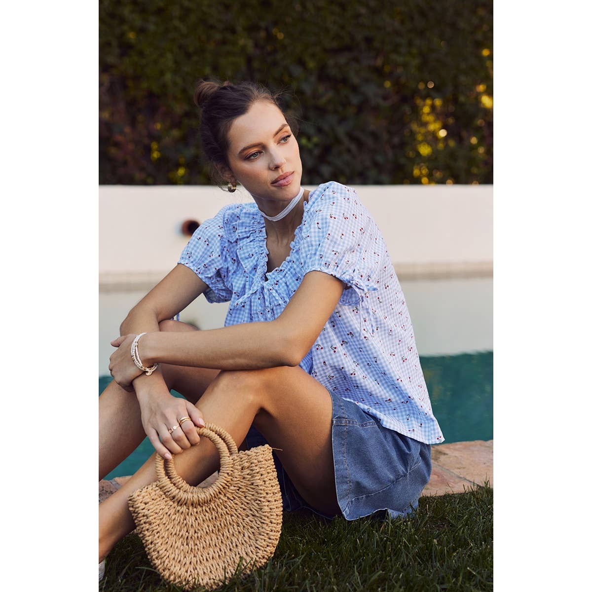 CHERRY GINGHAM RUFFLED BLOUSE