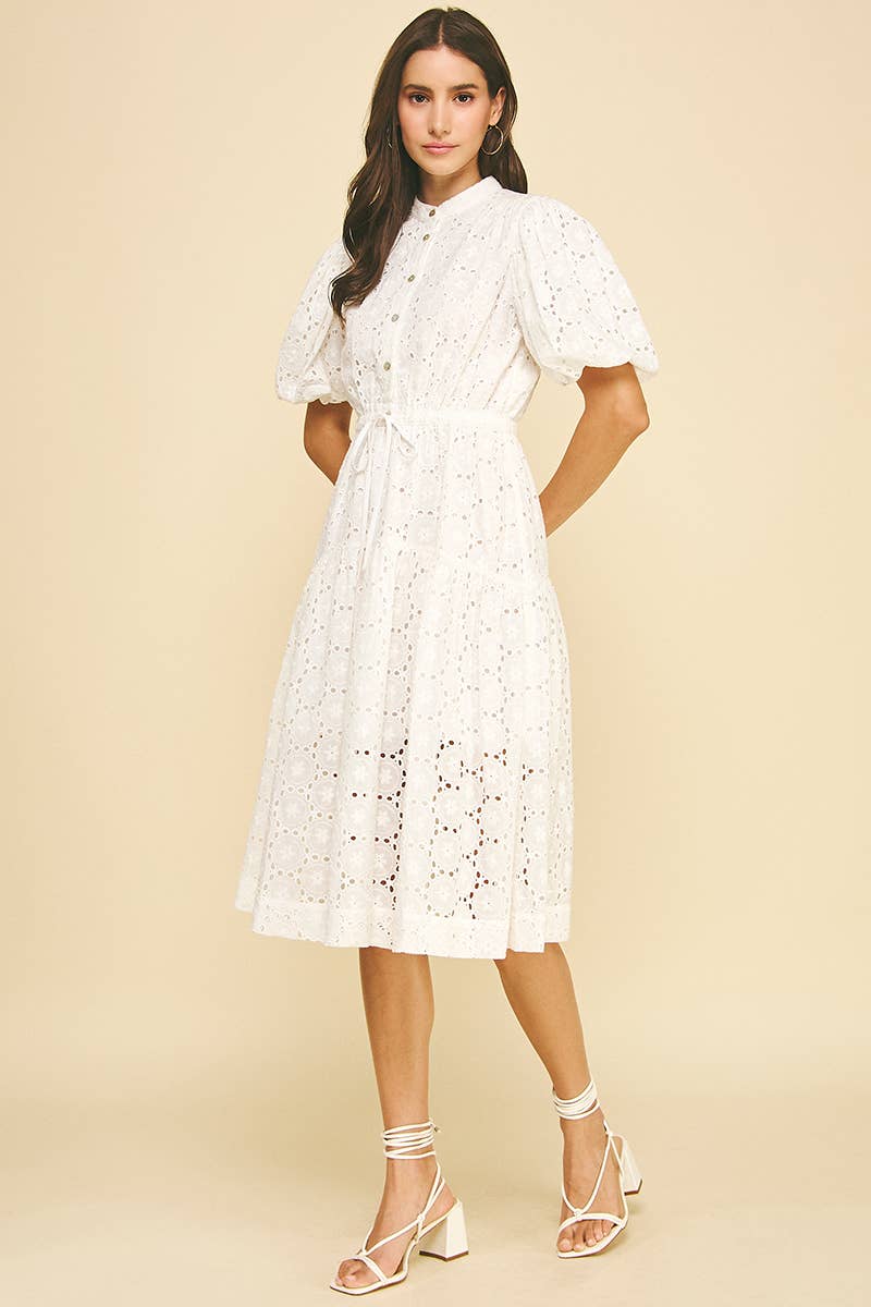 EYELET EMBROIDERED MIDI DRESS