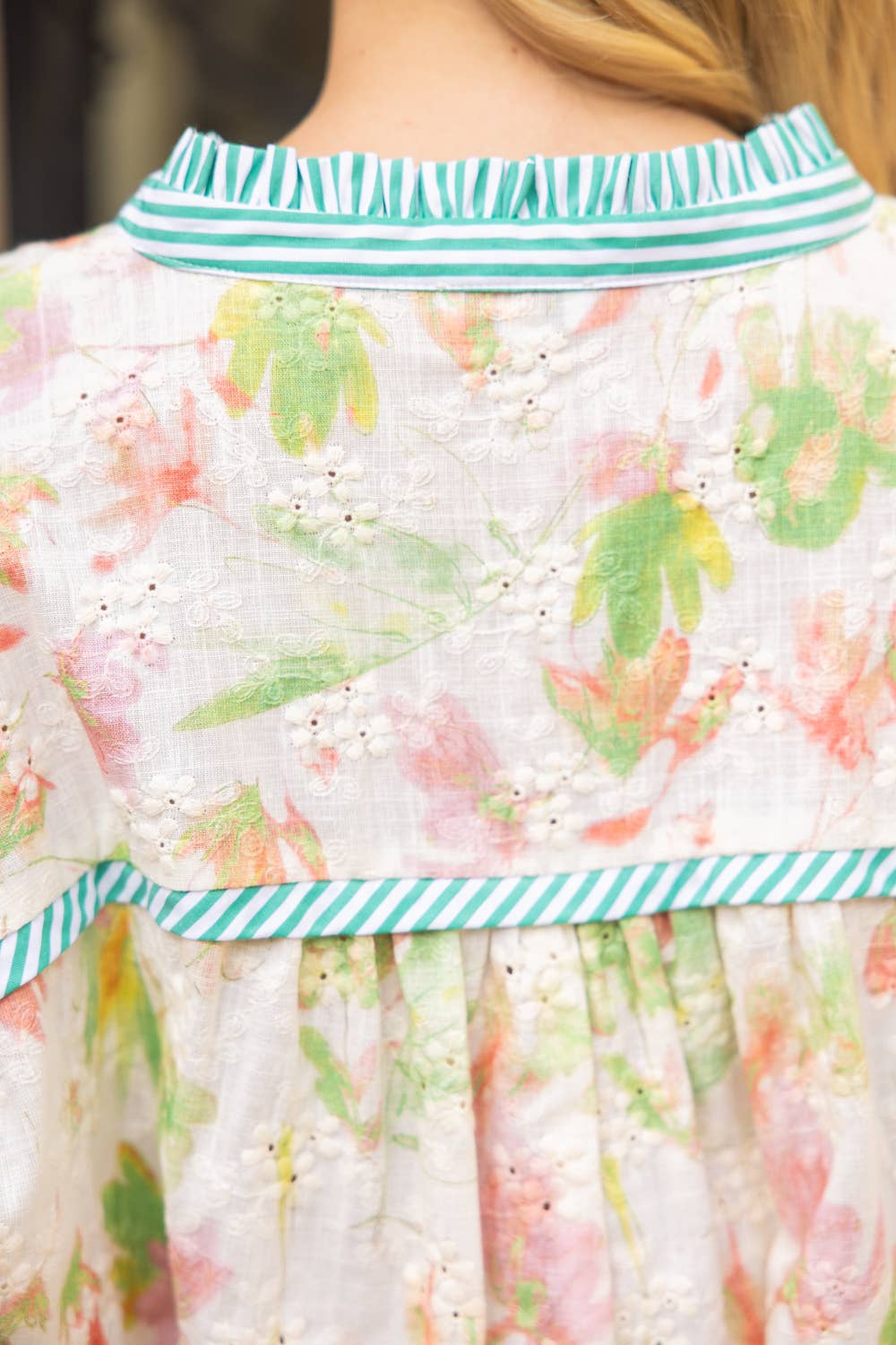 Stripe Contrast Floral Embroidered Top