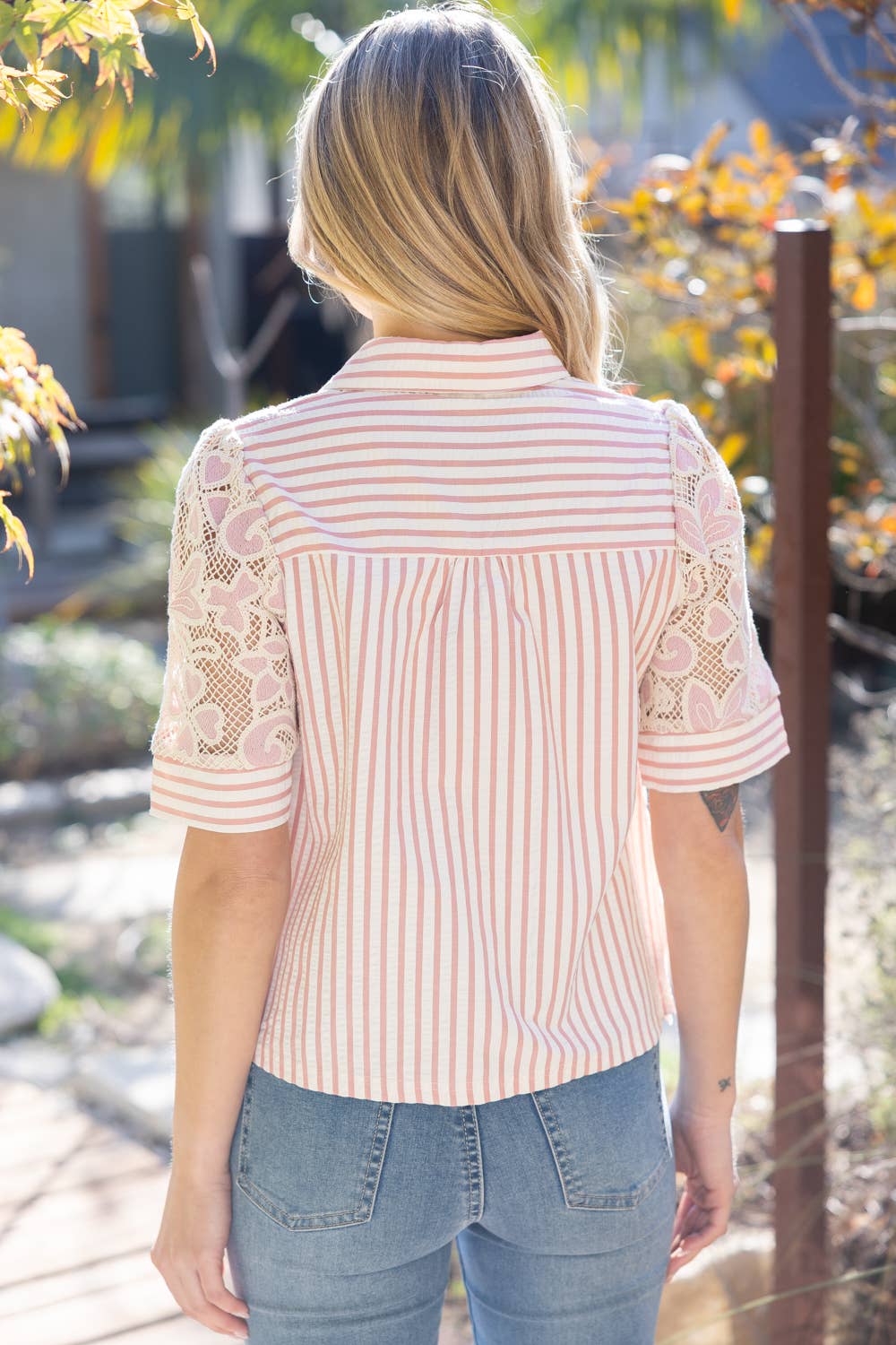 V-Neck Stripe and Lace Mixed Fabric Top