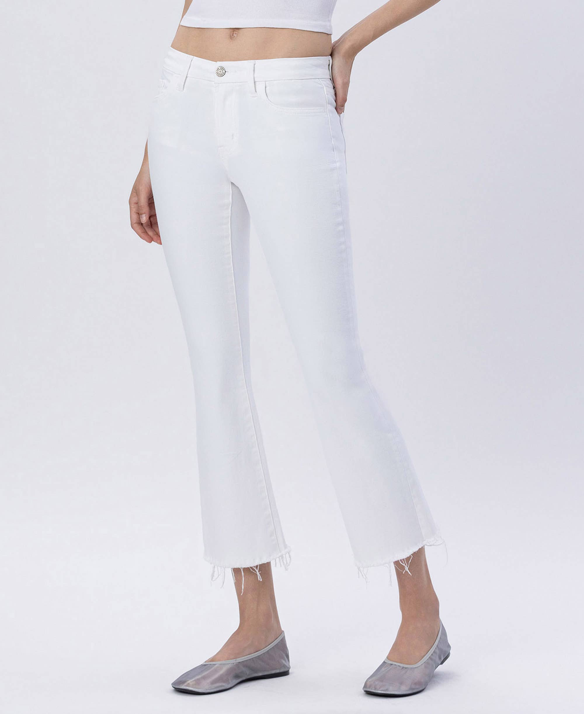 WHITE MID RISE CROP FLARE JEANS