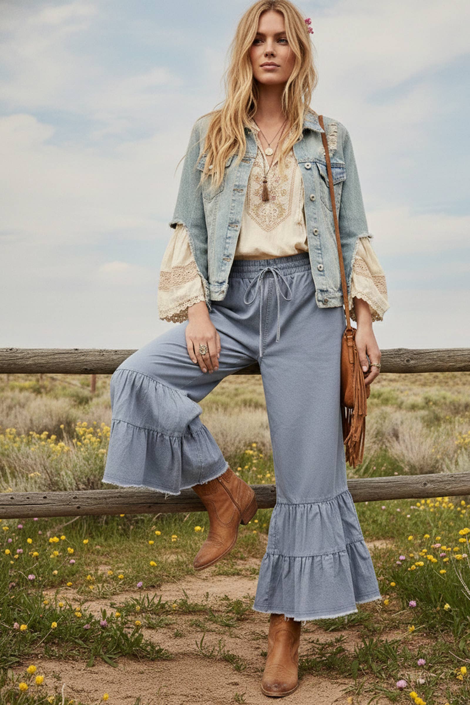Stone Washed Ruffle Wide Leg Pants