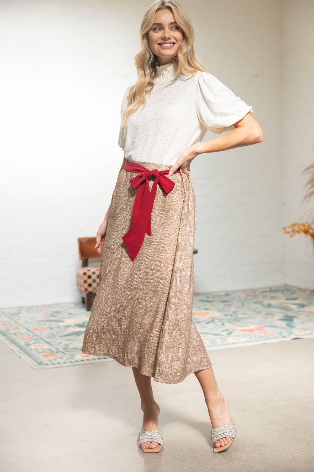 Red Belt Animal Print Midi Skirt