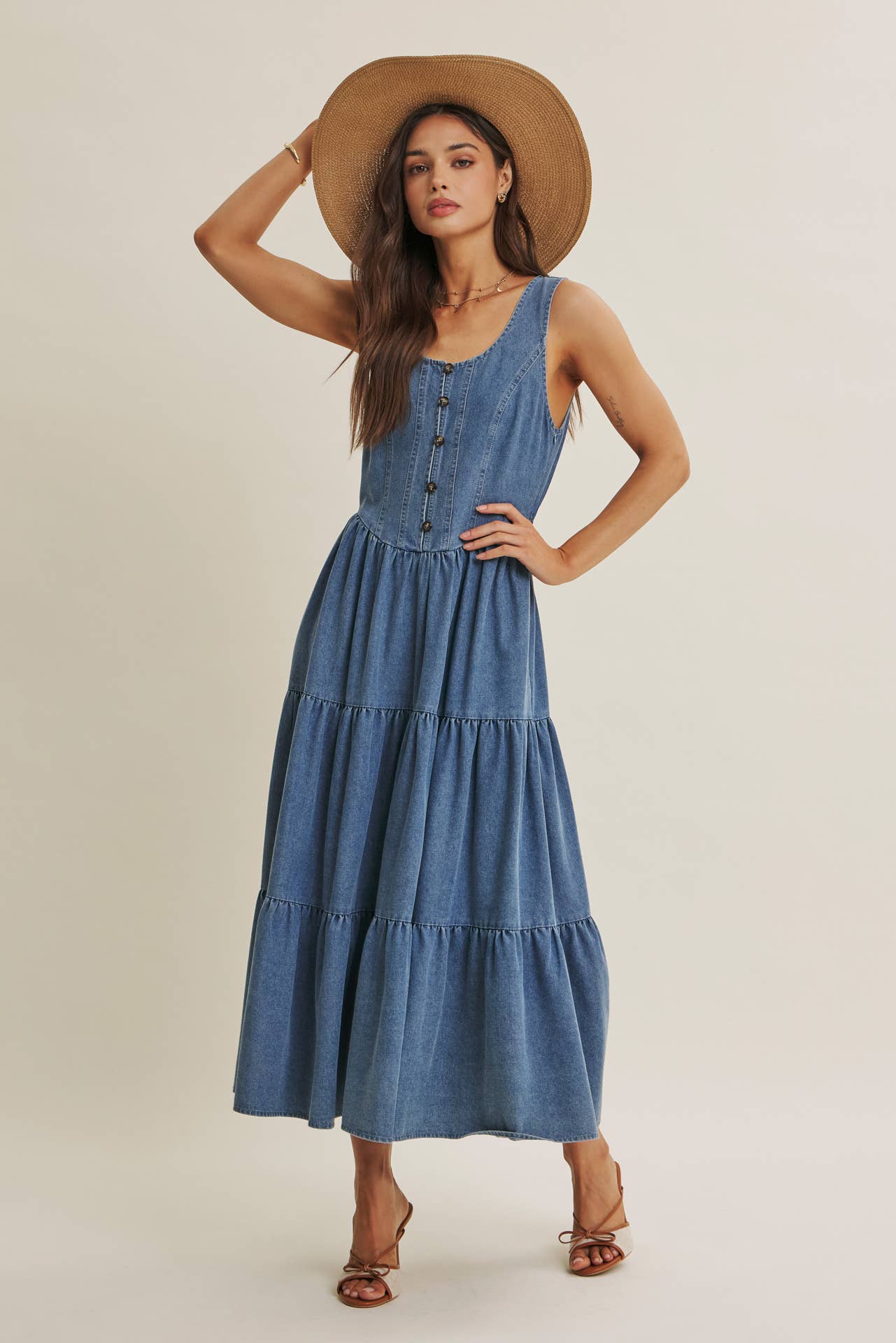 DENIM TIERED MIDI DRESS