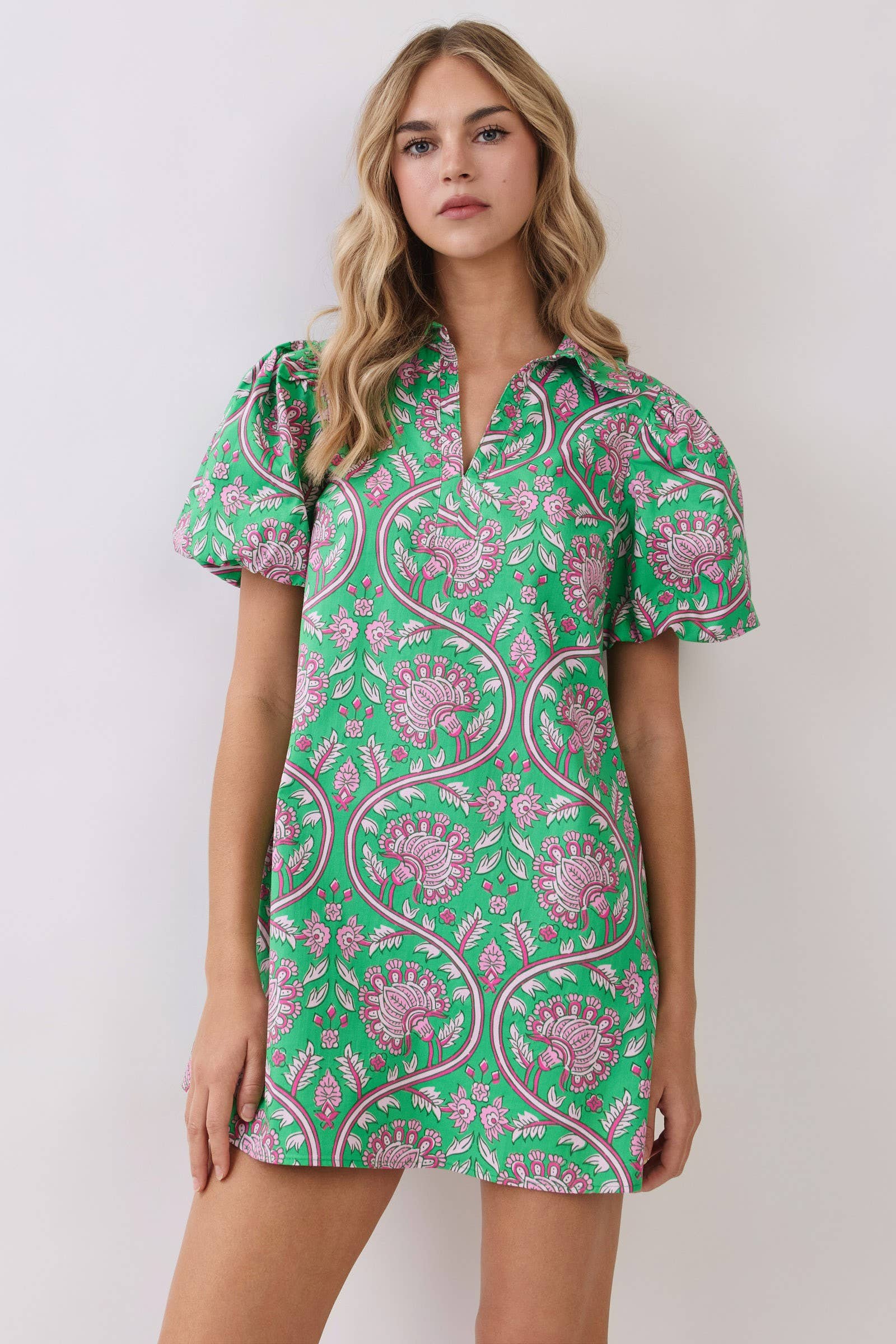 Paisley Print Puff Sleeve Mini Dress