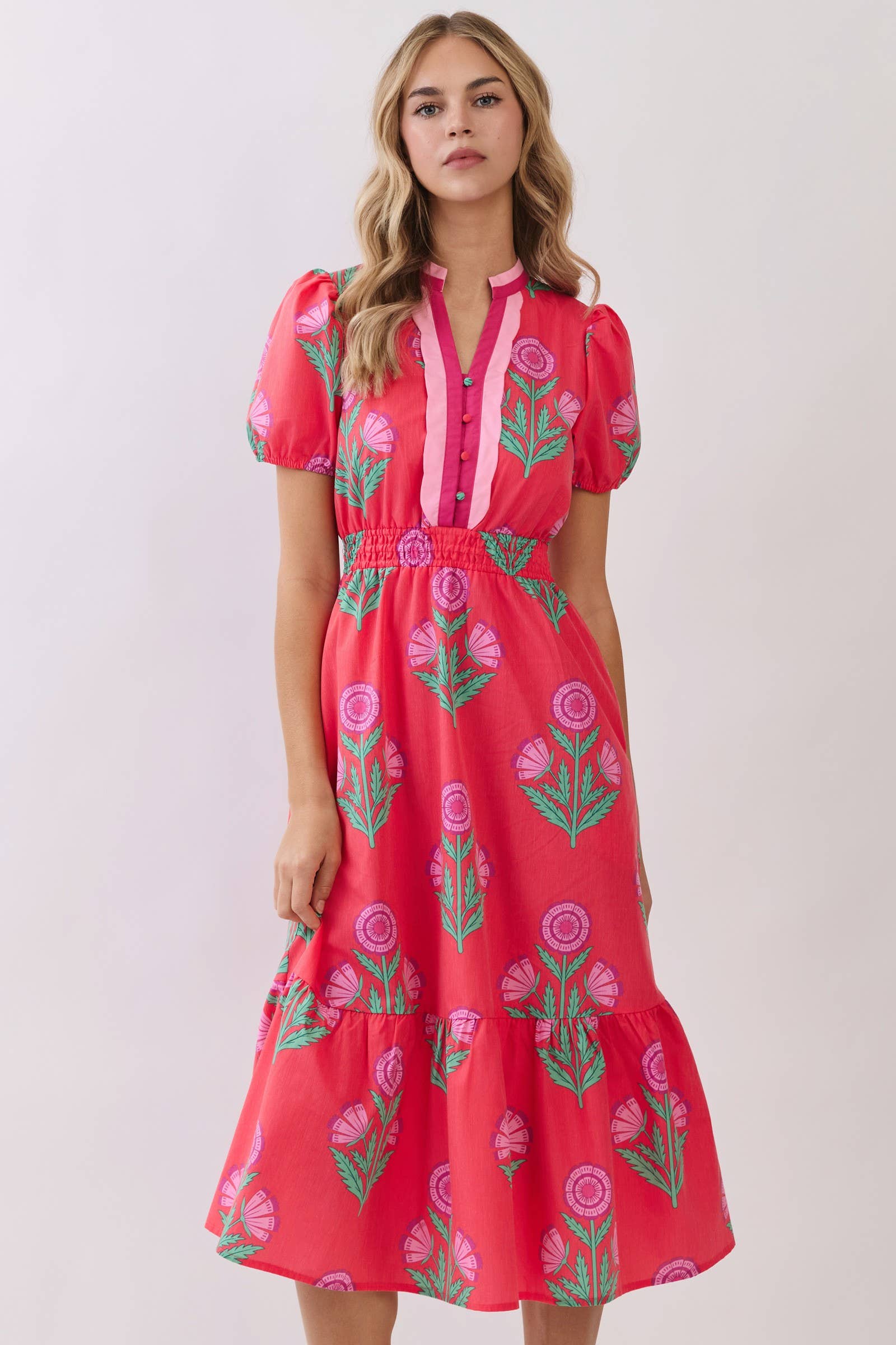 Floral Print Puff Sleeve Midi Dress