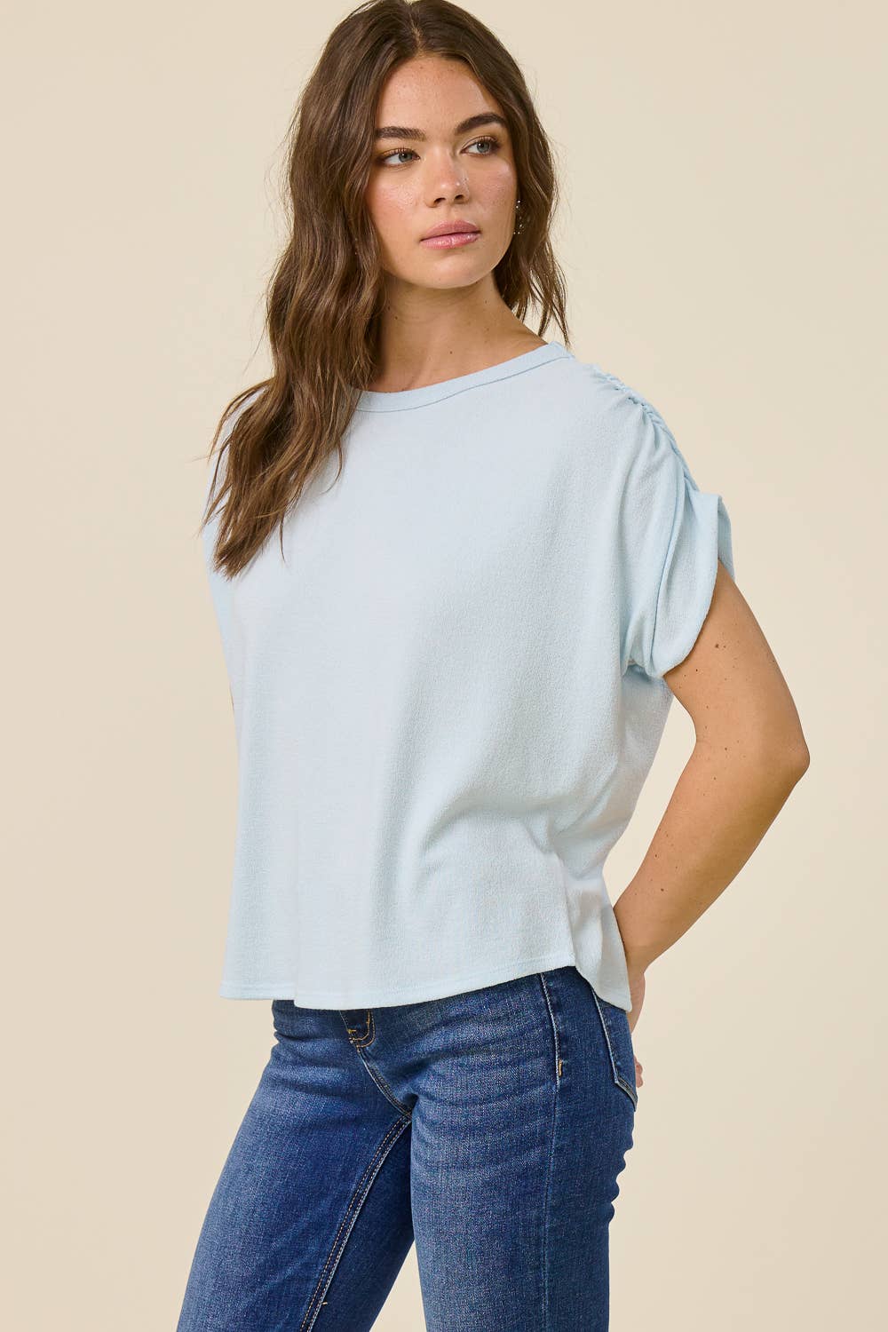 Ruched Shoulder Crepe Hacci Top