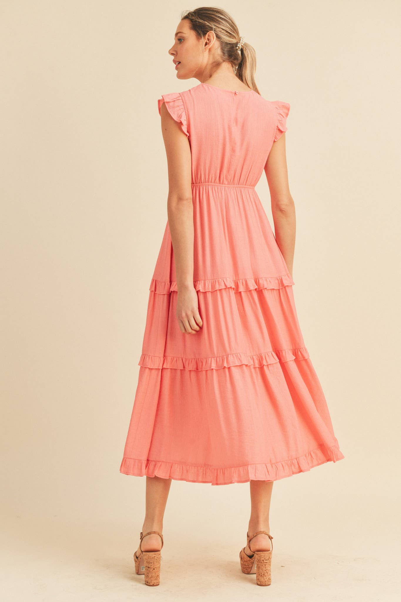 SMOCKED RUFFLED MIDI DRESS