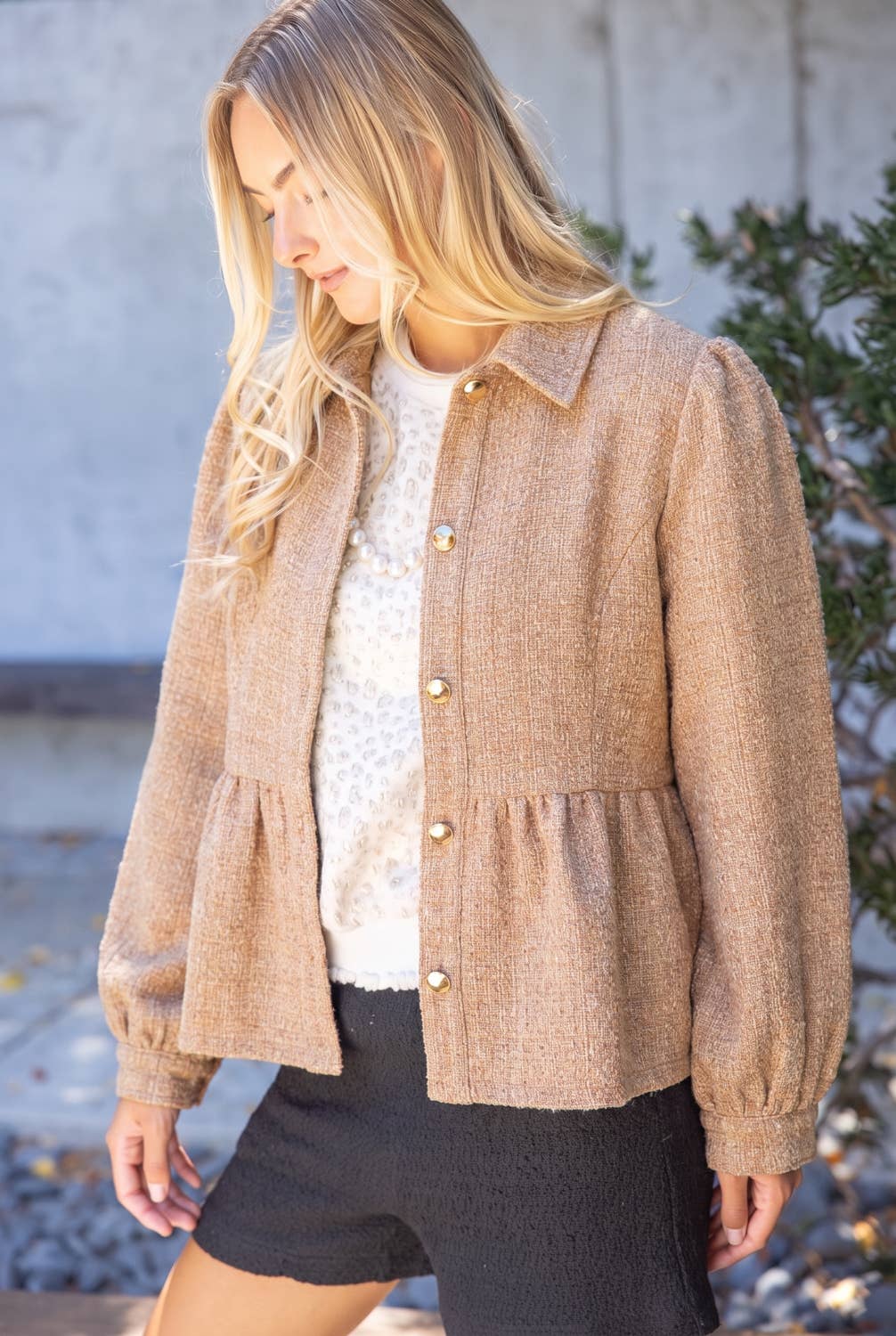Gold Button Tweed Peplum Jacket
