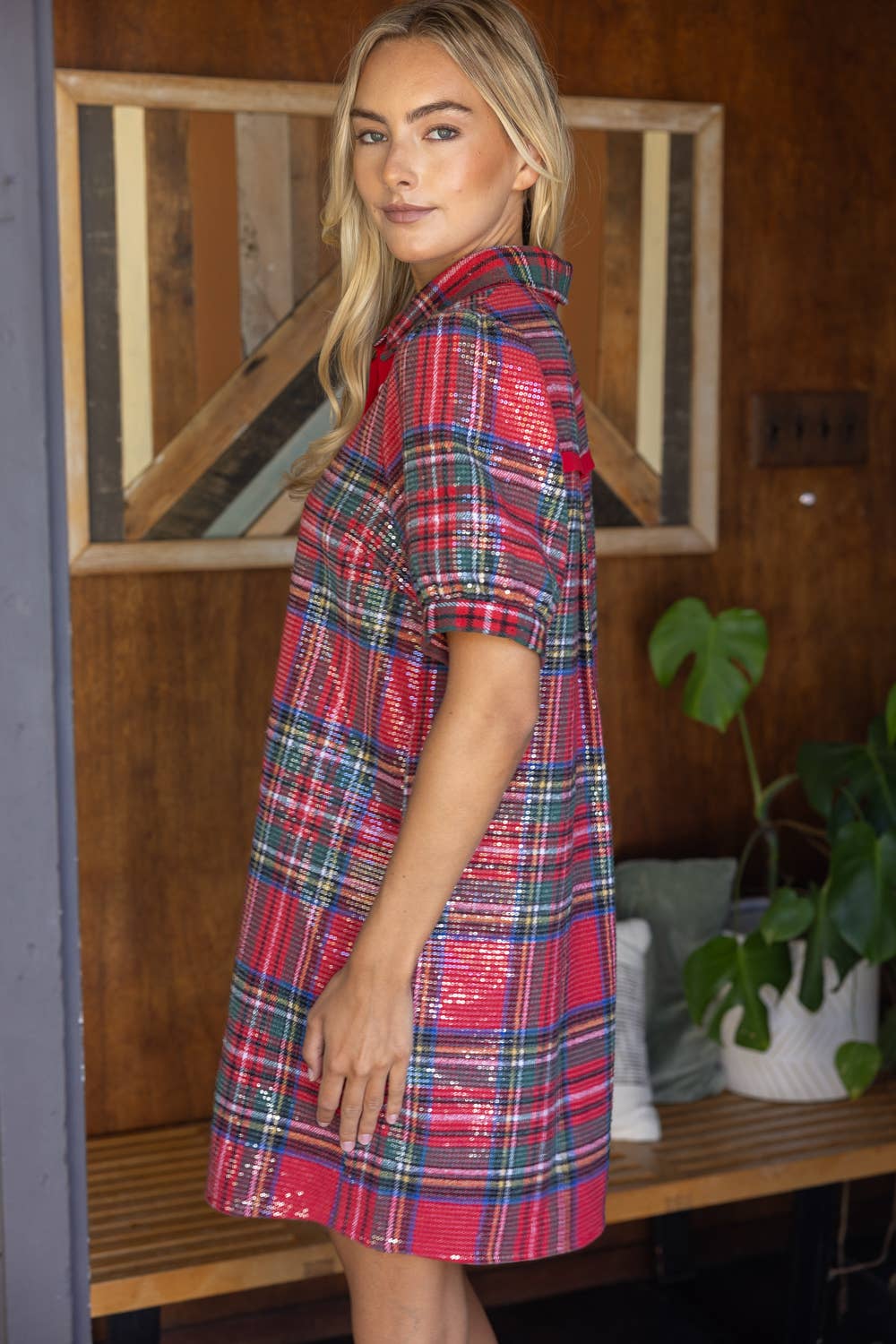 Button Down Plaid Sequins Dress