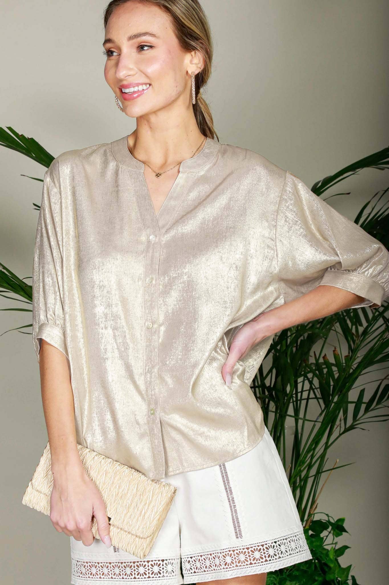 Henley Neckline Metallic Blouse