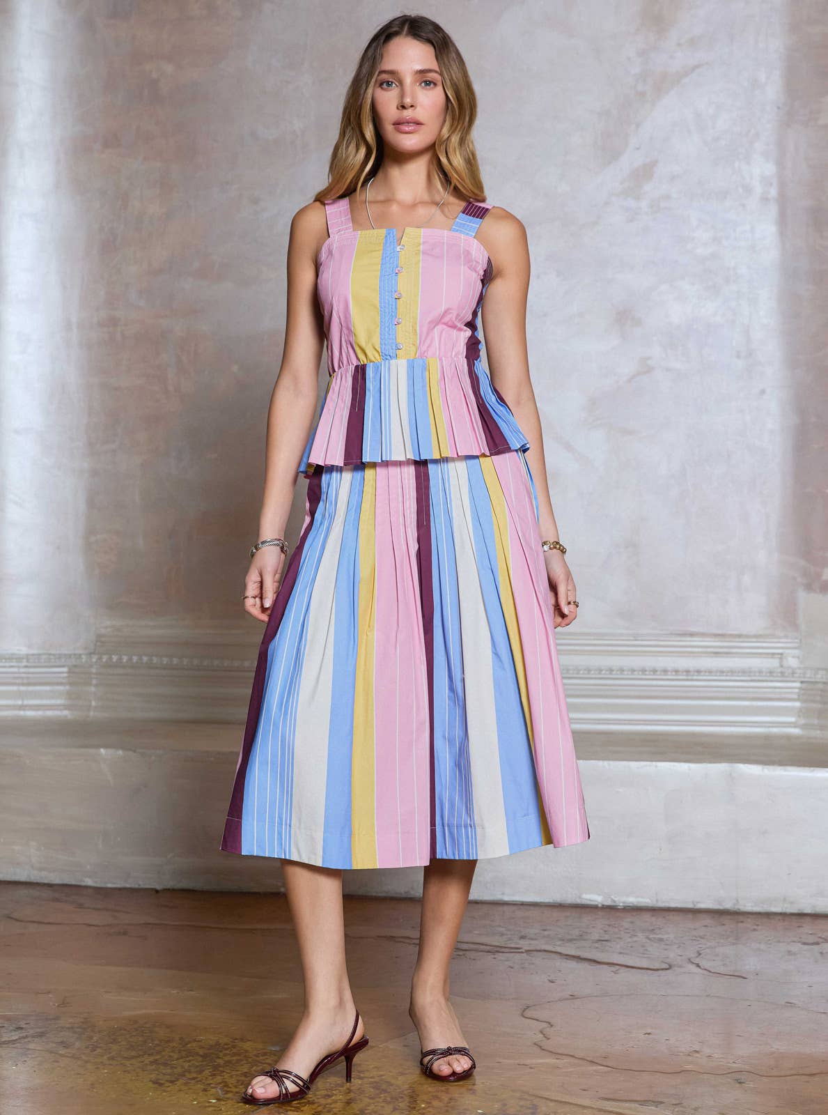 Striped Cotton A-line Midi Skirt