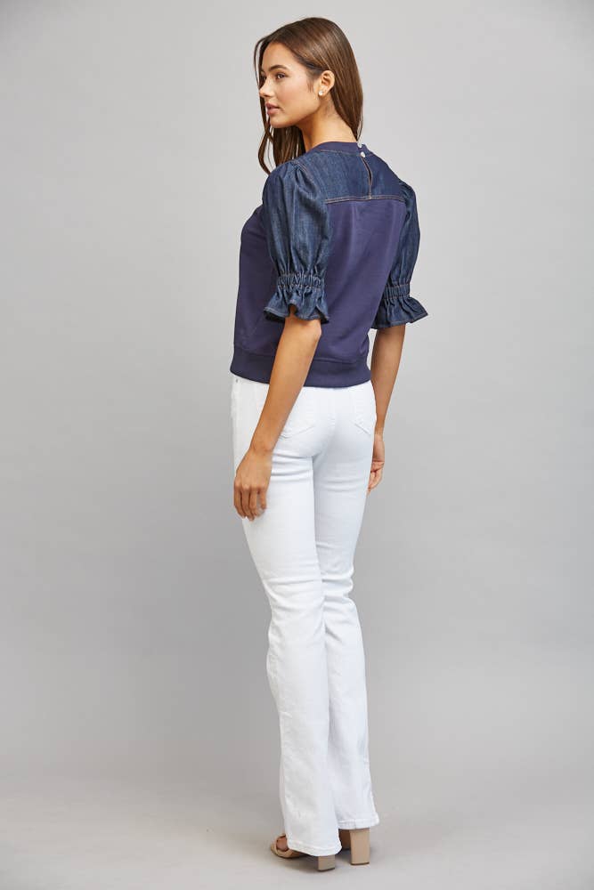 DENIM PUFF SLEEVE SWEATSHIRT