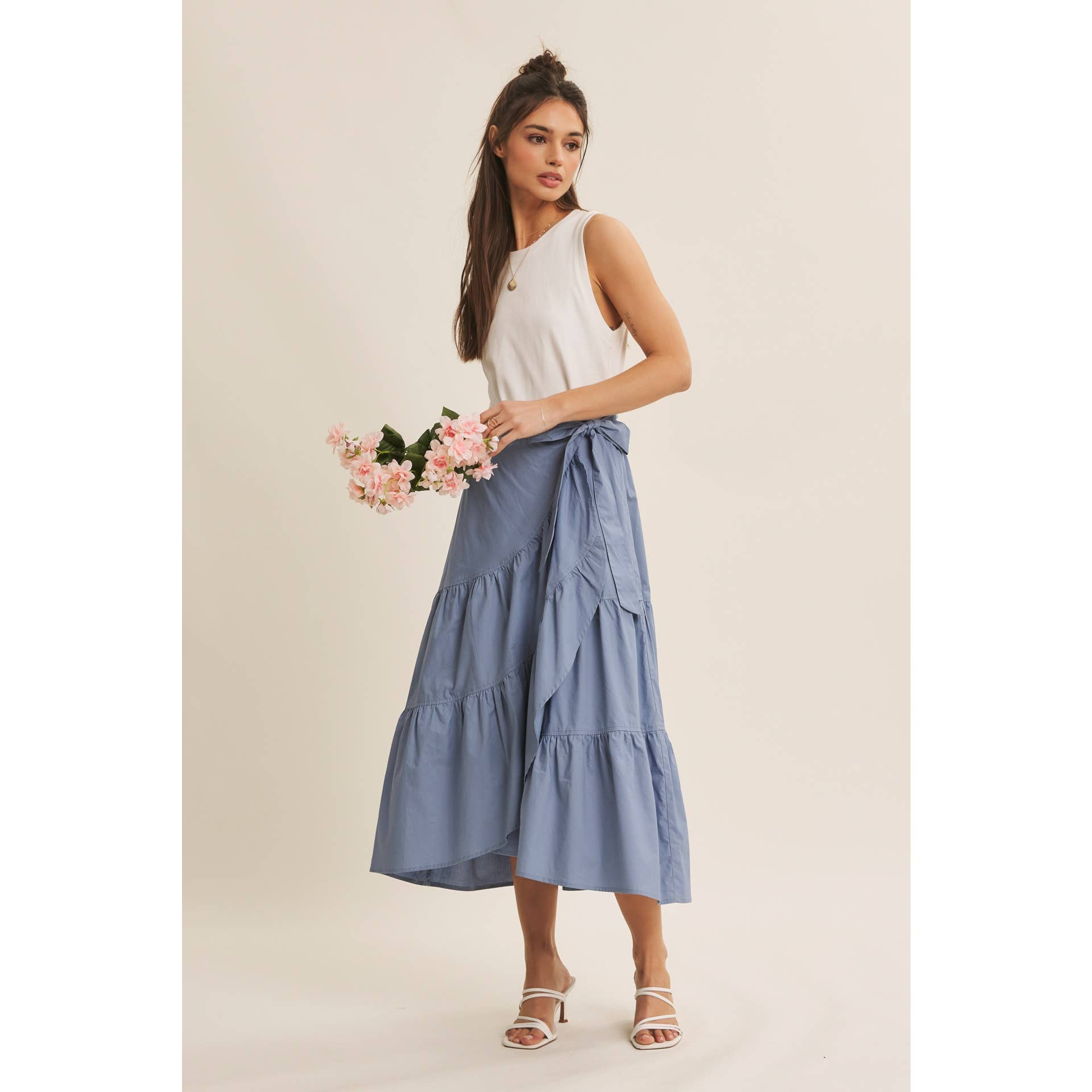TIERED WRAP MIDI DRESS