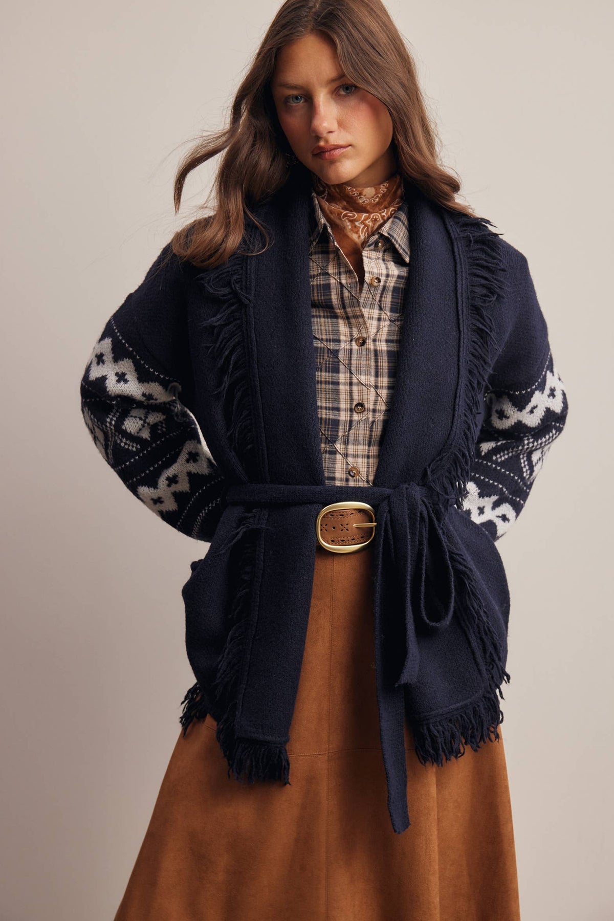 Fringe Trim Belted Western Cardigan