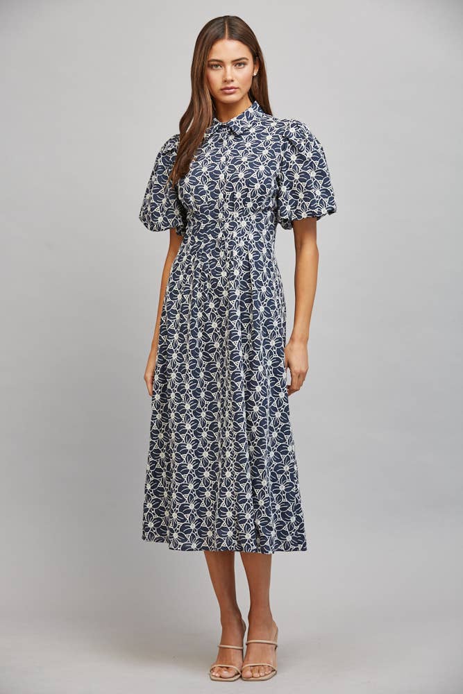 FLORAL EYELET MIDI DRESS