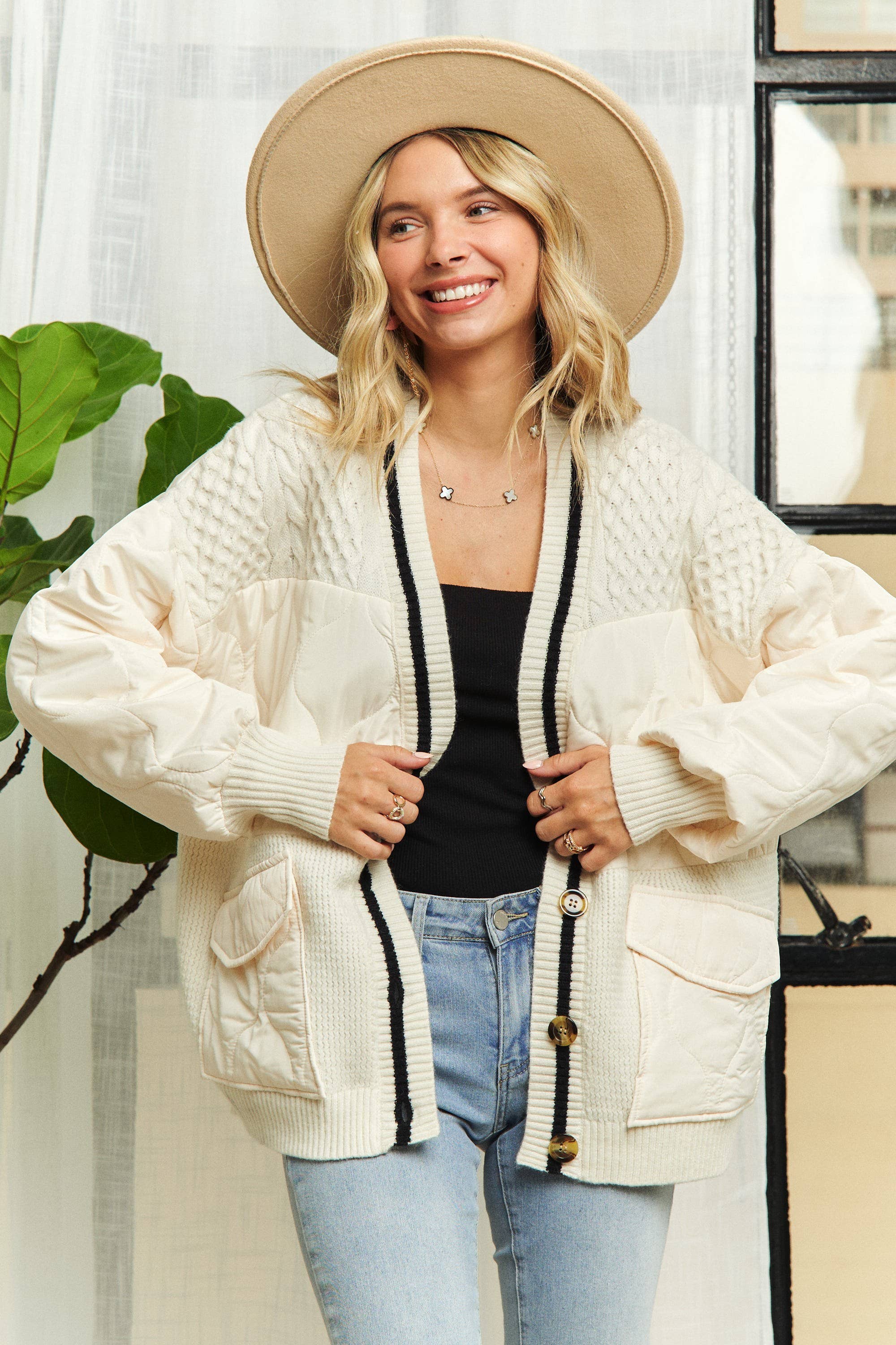 BUTTON DOWN QUILTED SWEATER CARDIGAN