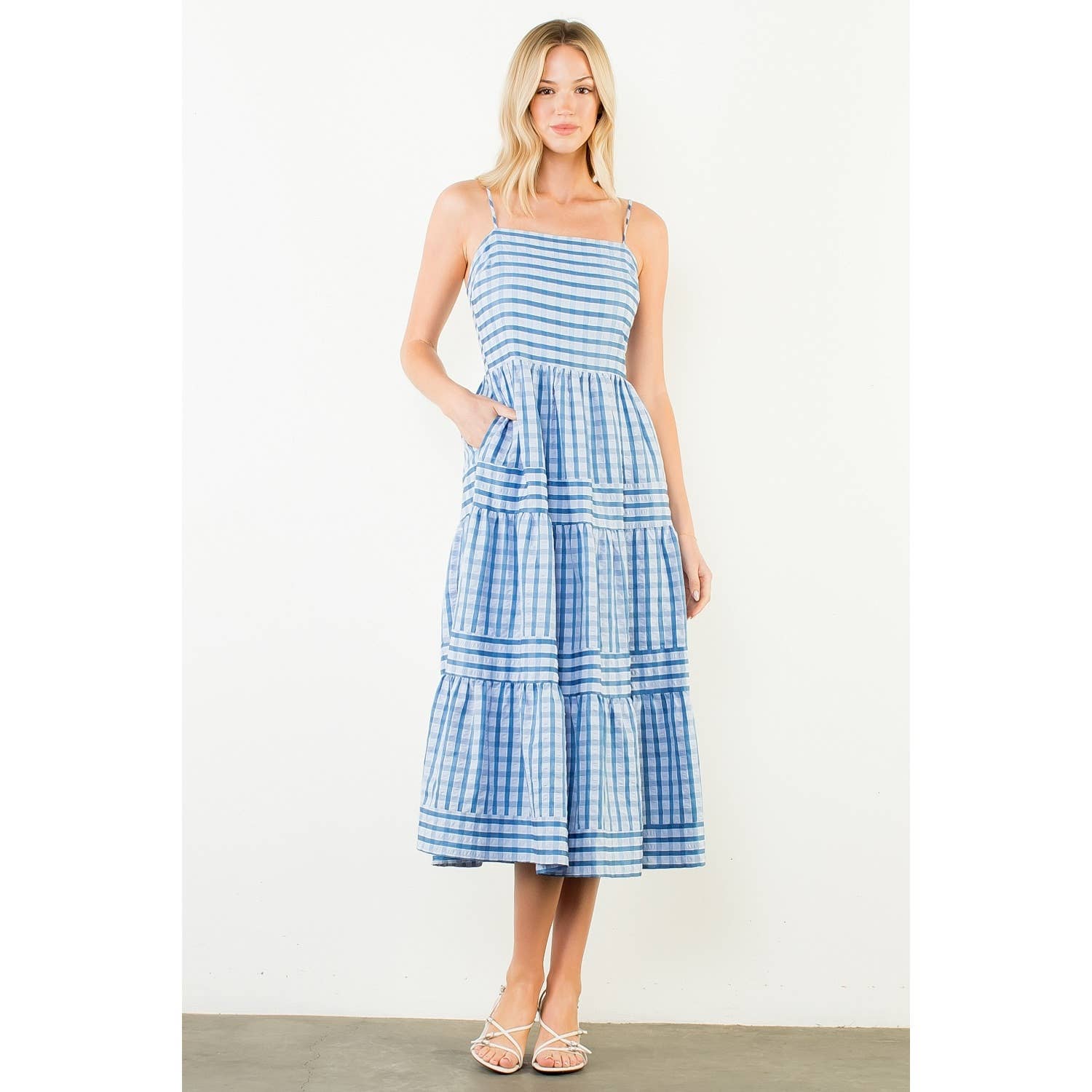 Thin Strap Striped Pattern Tiered Dress