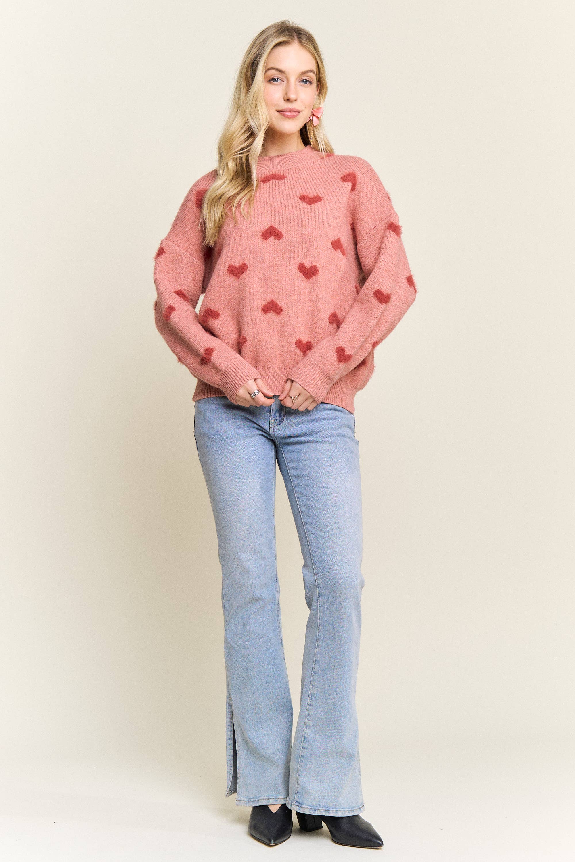 DROP SHOULDER HEART PATTERN SWEATER