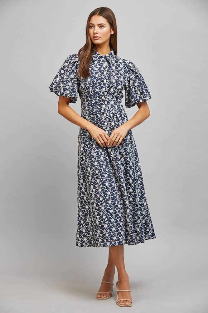 FLORAL EYELET MIDI DRESS