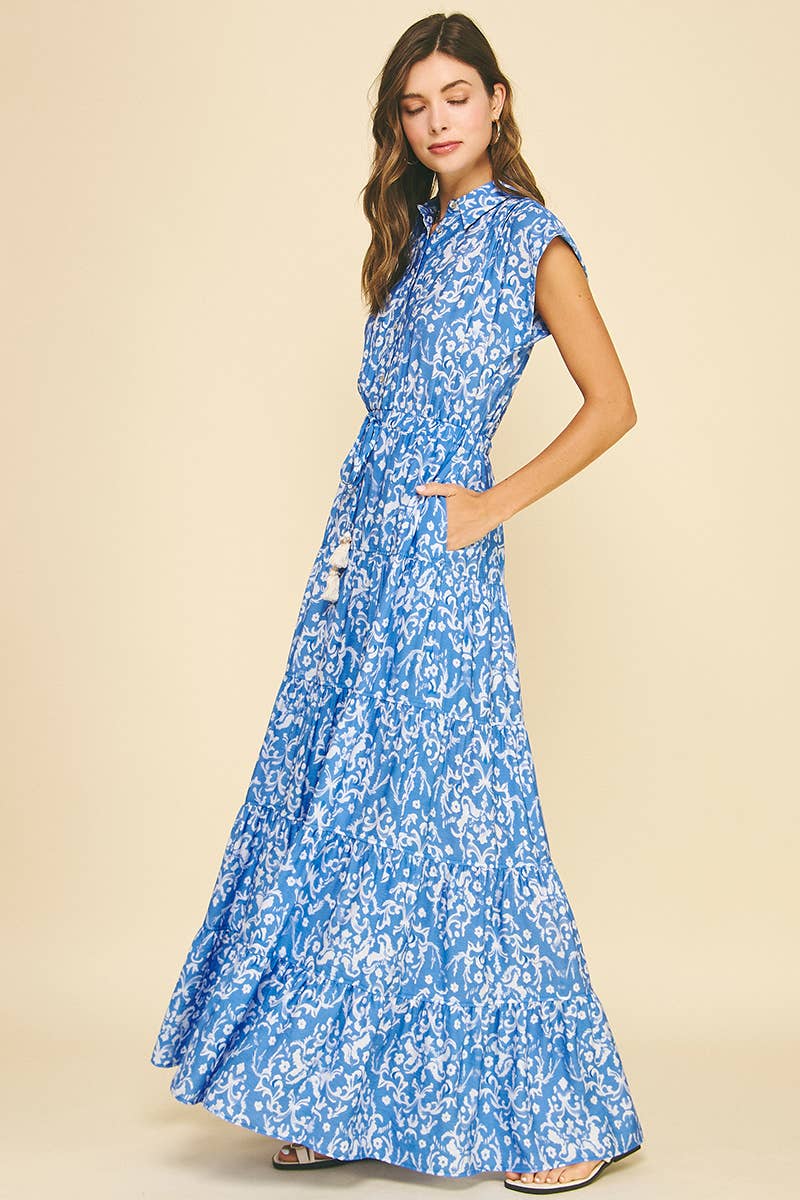 DAMASK PRINT TIERED MAXI DRESS